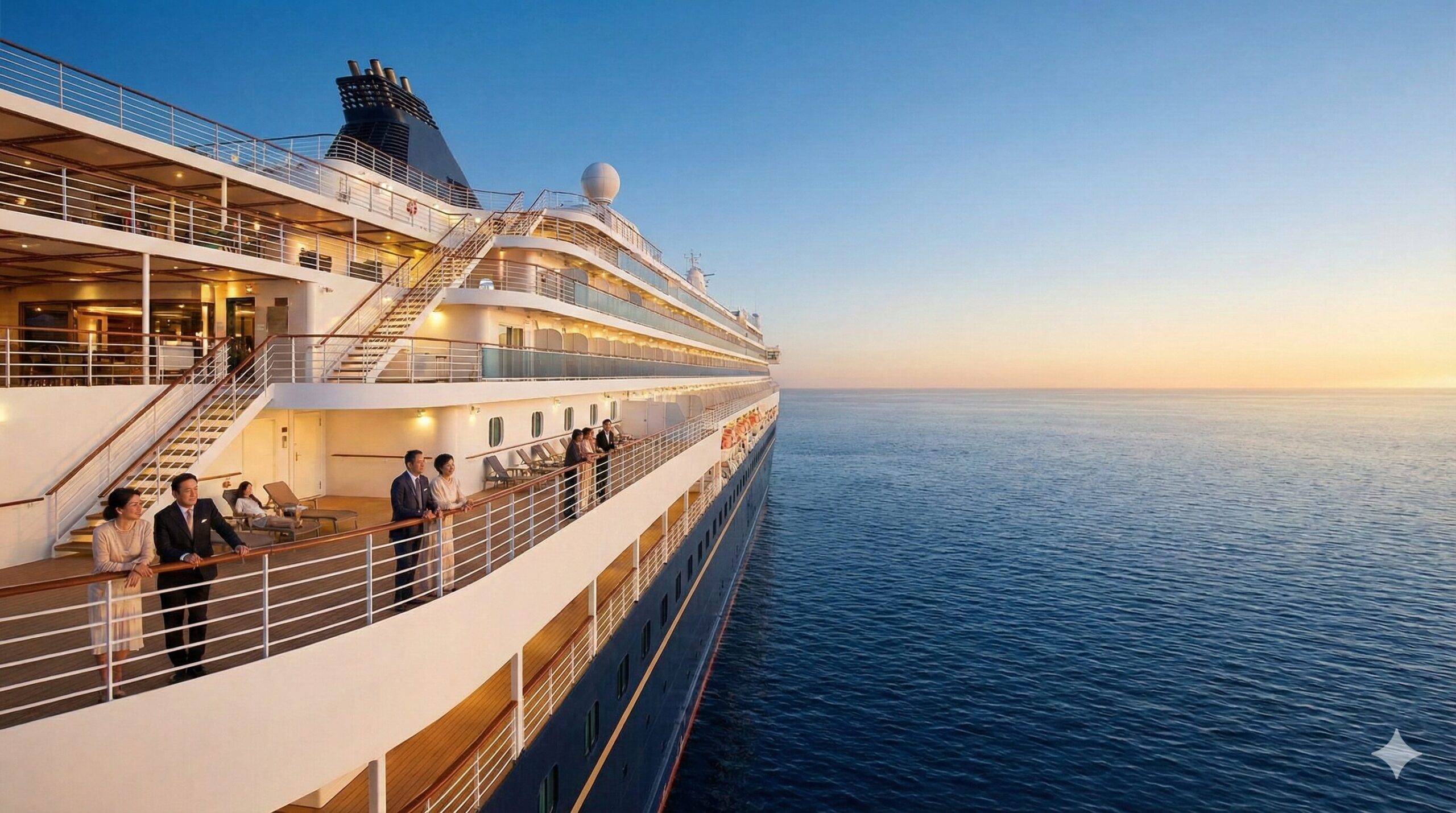 穏やかな夕暮れの海を進む豪華客船のデッキで、ゆったりと景色を楽しむアジア人の乗客たち。安定した未来と人生を俯瞰する余裕の象徴。