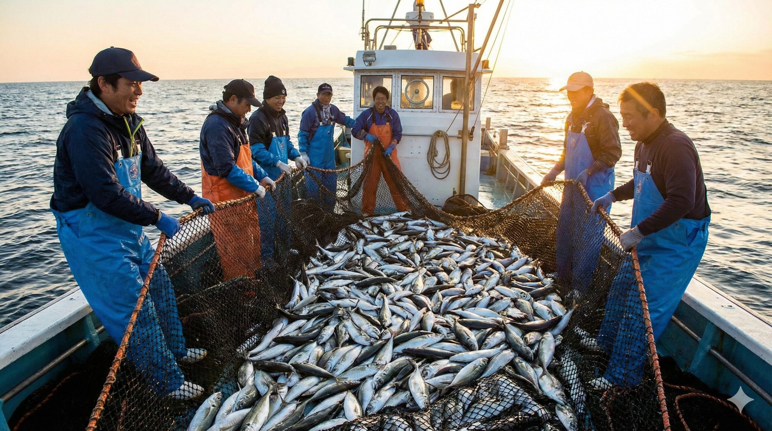 朝日の中で、日本の漁師たちが漁船から大量の魚が入った網を引き揚げている様子。仕事運の上昇と努力が成果となる収穫の時期を象徴。