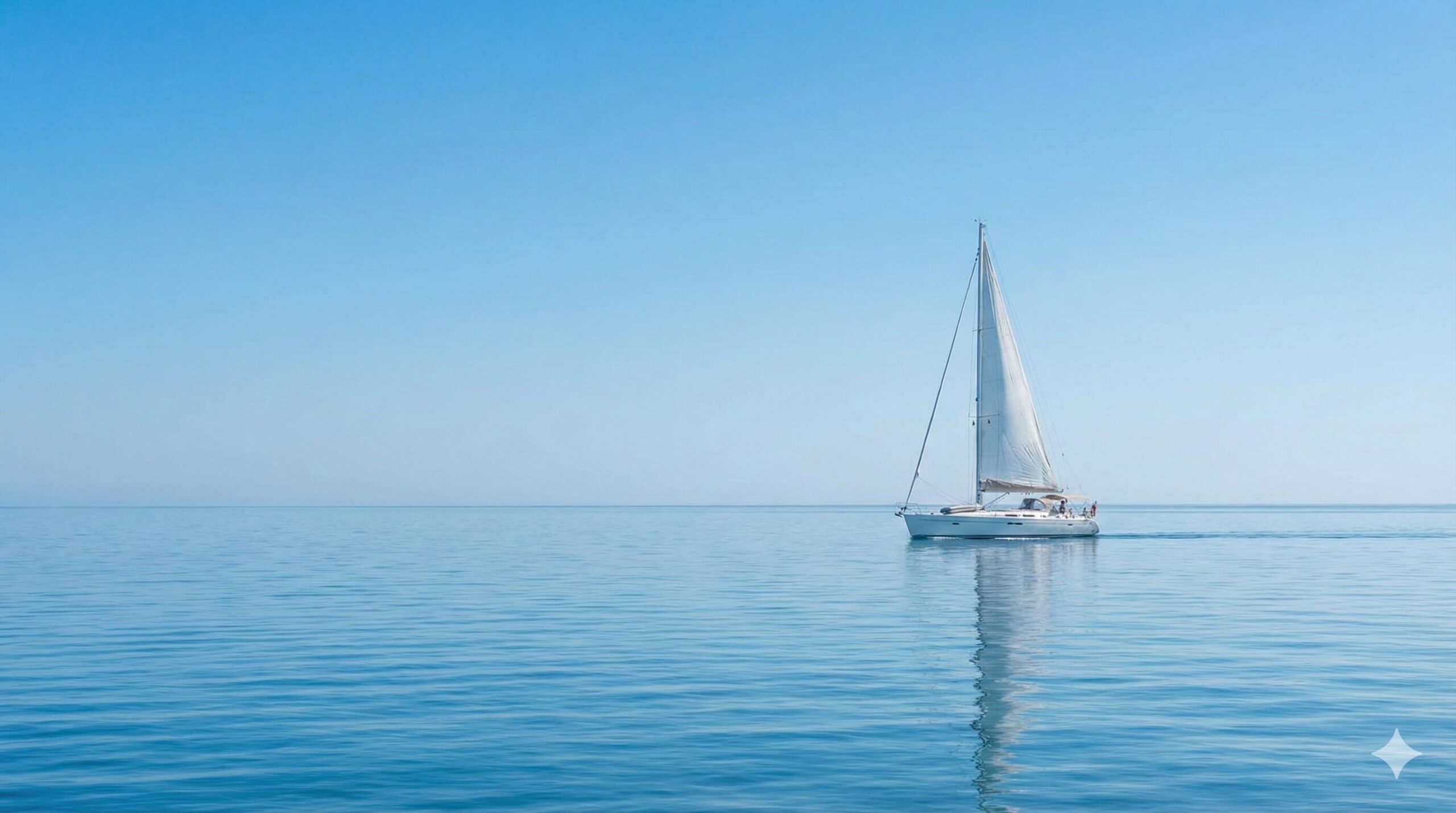 鏡のように穏やかな青い海を、白い帆船が滑るように進んでいく様子。精神的な安定と順風満帆な運気の象徴。