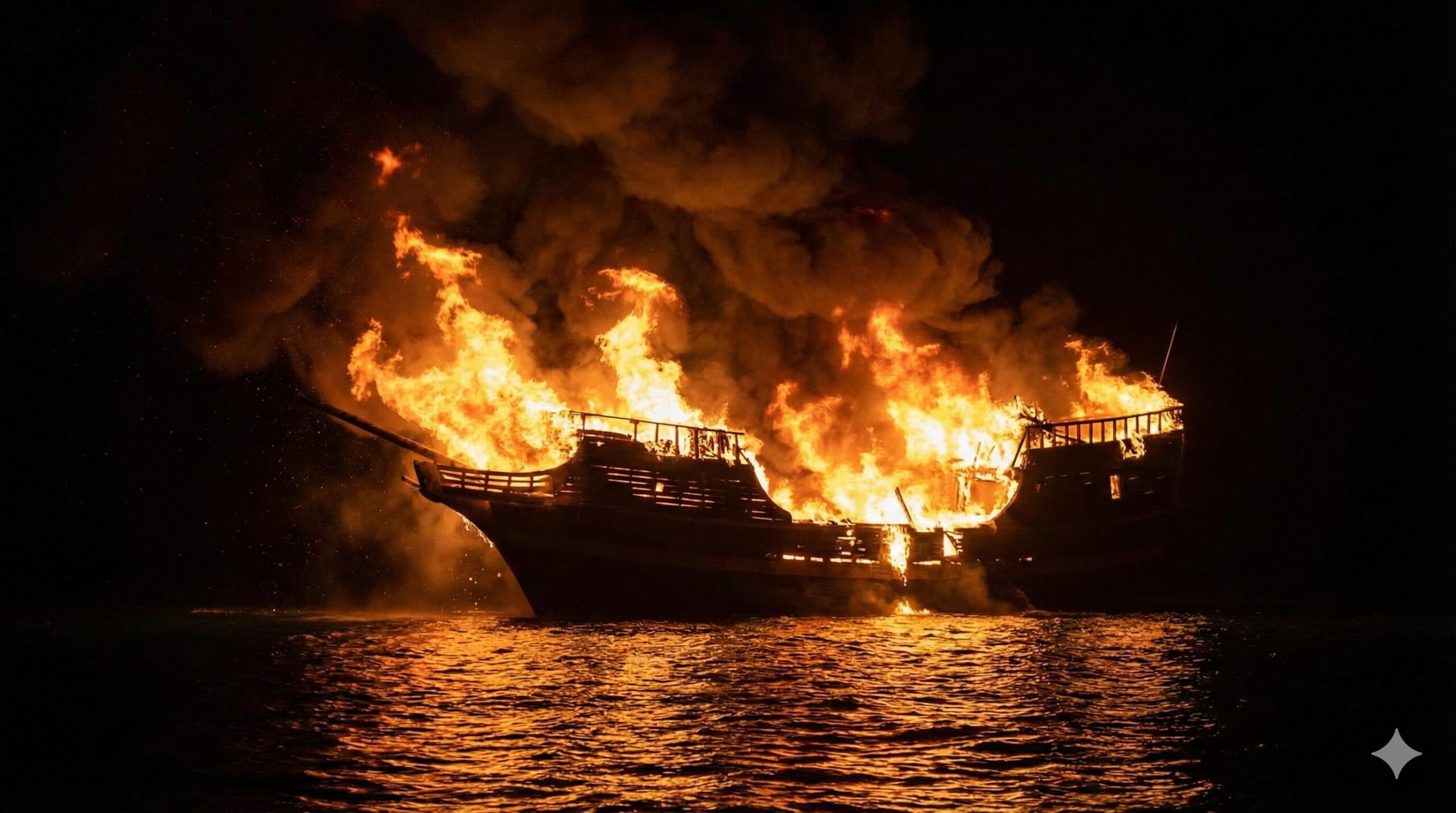 夜の海で激しく炎を上げて燃える木造船。古いものが焼き尽くされ、事態が好転する浄化と情熱の象徴（逆夢）。
