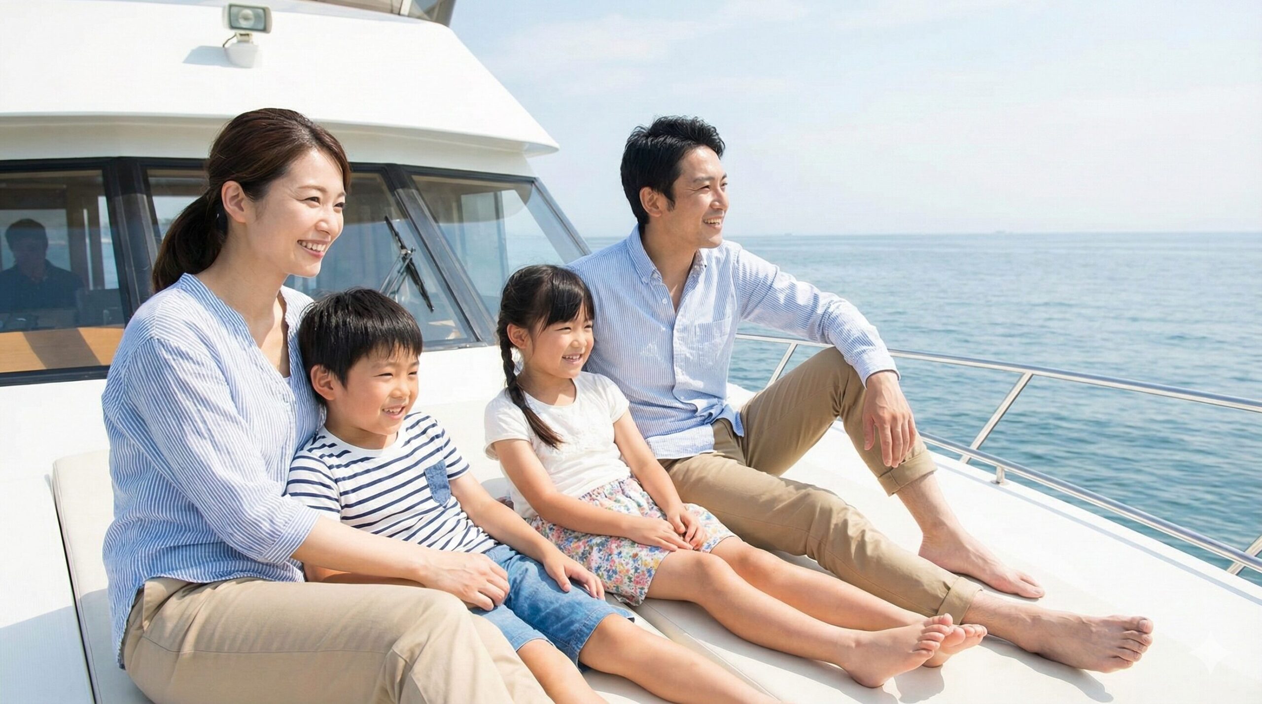 晴れた日の船のデッキで、笑顔で海を眺める日本の4人家族。運命共同体としての家族の絆と家庭円満の象徴。