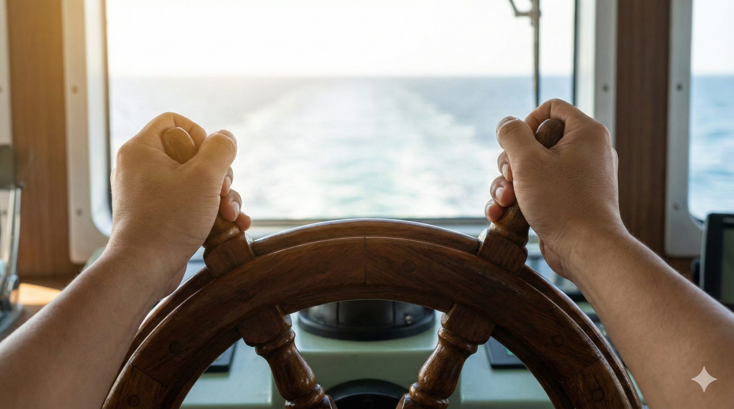 船の操舵室で、しっかりと舵輪を握る日本人の手元のクローズアップ。自らの意志で人生の進路を決める自律と決意の象徴。