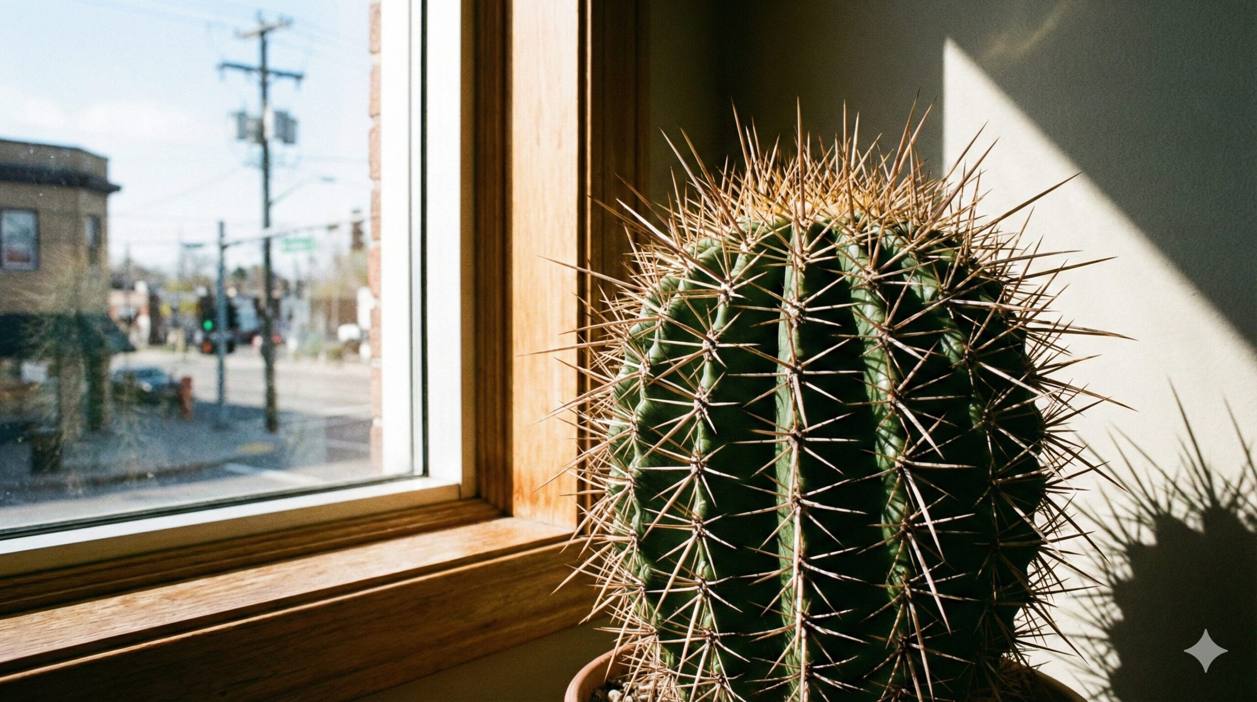窓辺に置かれた鋭いトゲを持つサボテンが、外の景色（街並みと電柱）に向かって配置されている様子。風水における魔除けの象徴。