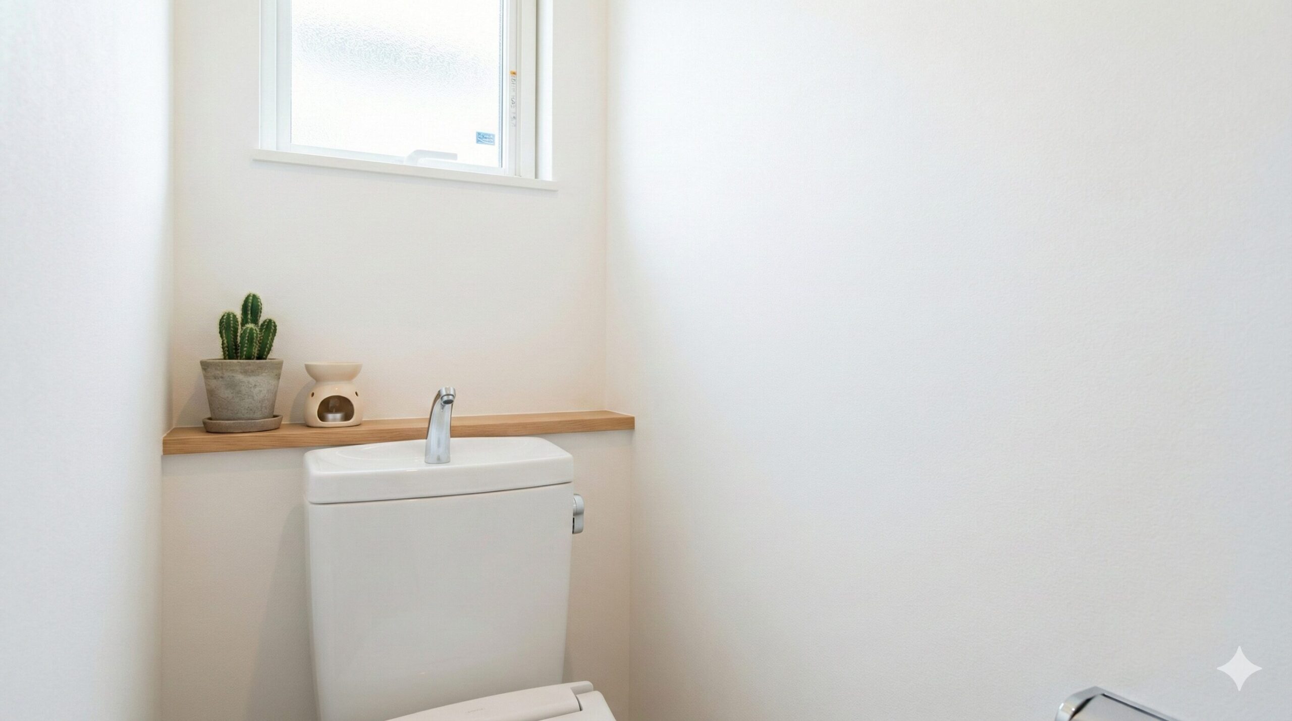 清潔感のある明るいトイレの棚に、小さなサボテンの鉢植えがアロマポットと共に置かれている。健康運を守る風水の配置例。