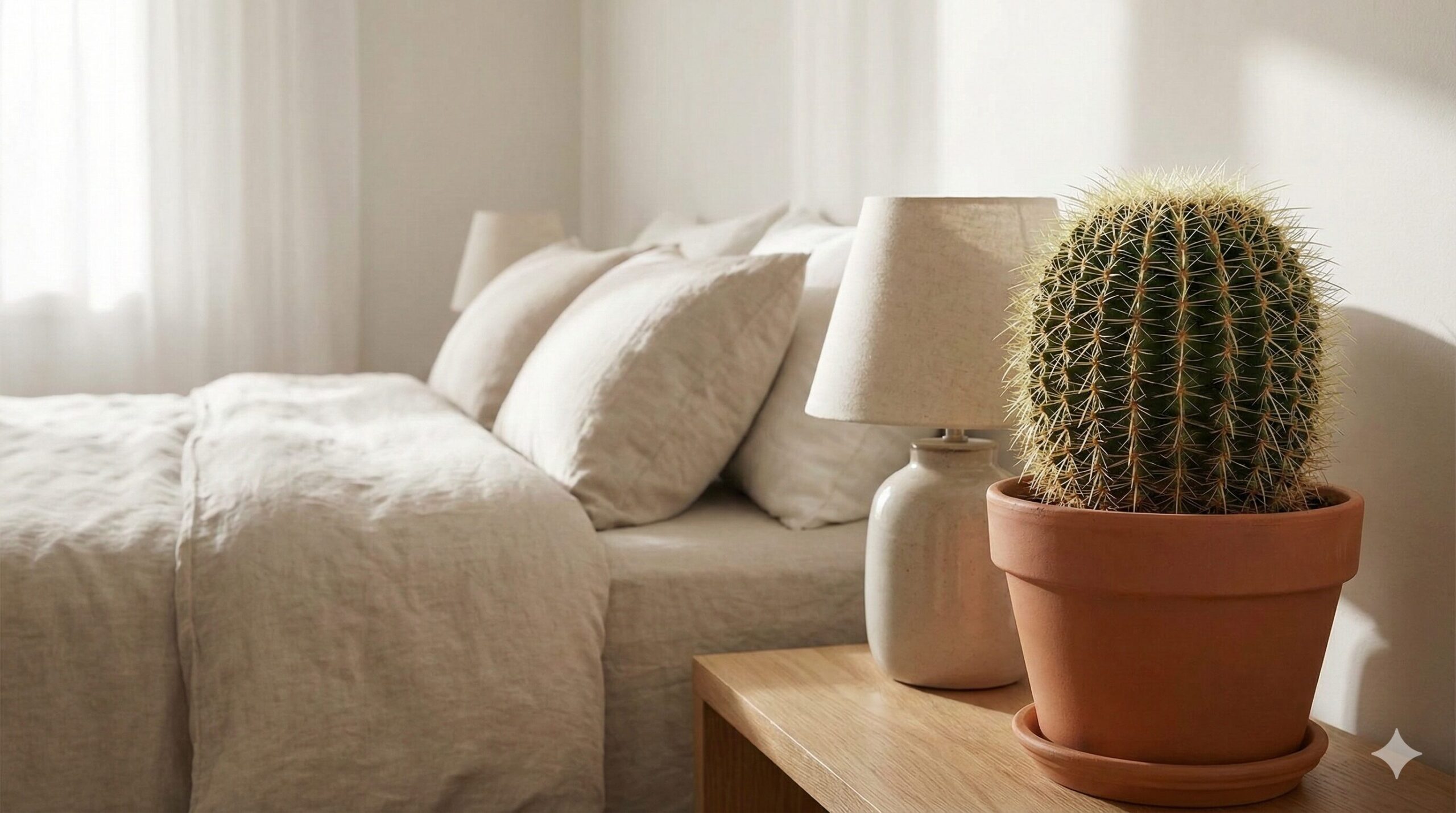 リラックスした雰囲気の寝室のベッドサイドテーブルに、鋭いトゲを持つ大きなサボテンが置かれている。風水では避けるべき配置の例。
