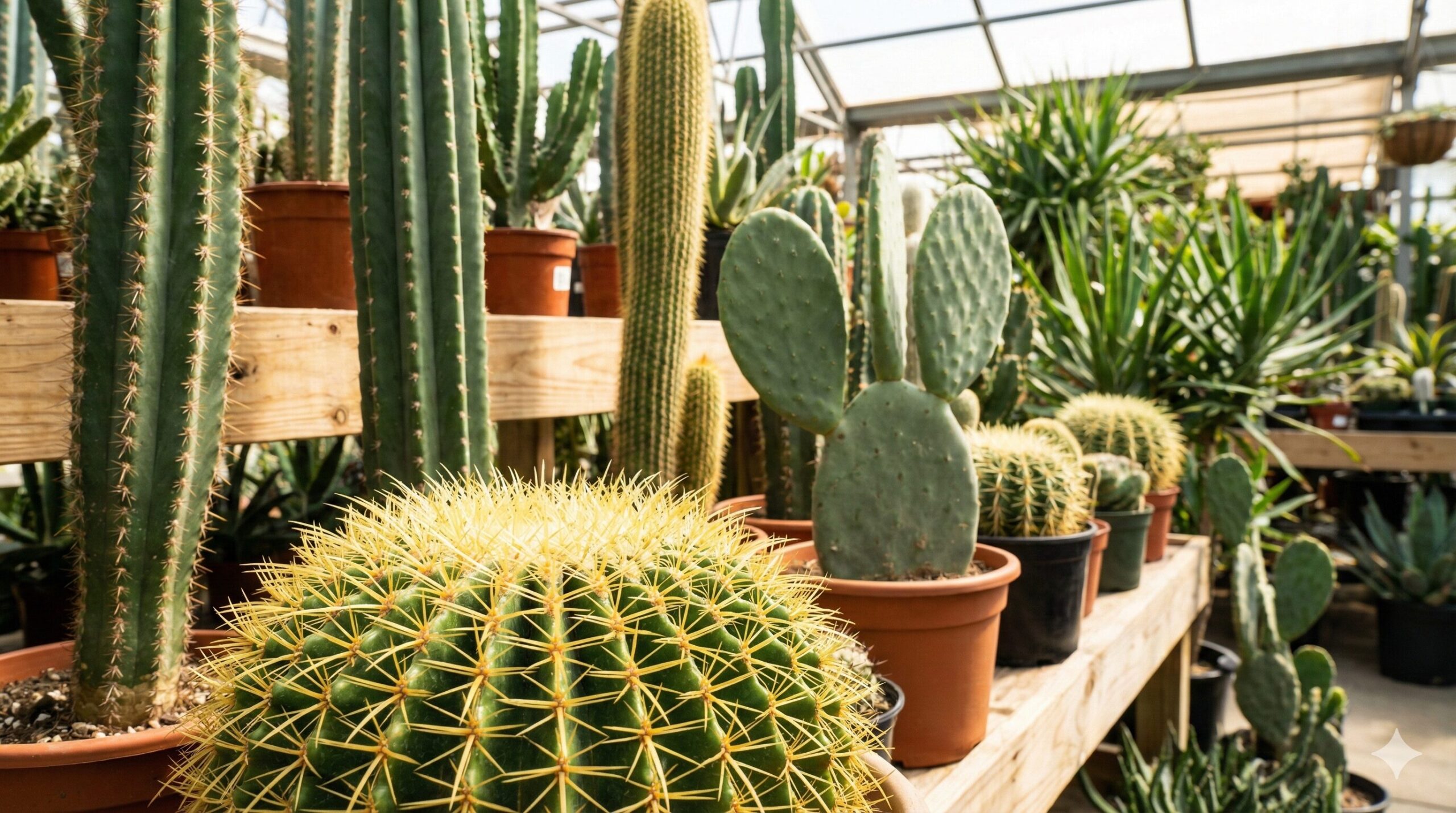 園芸店の温室に並ぶ多様なサボテン。手前には金運の象徴とされる丸い金鯱、奥には柱サボテンやウチワサボテンなどが見える。