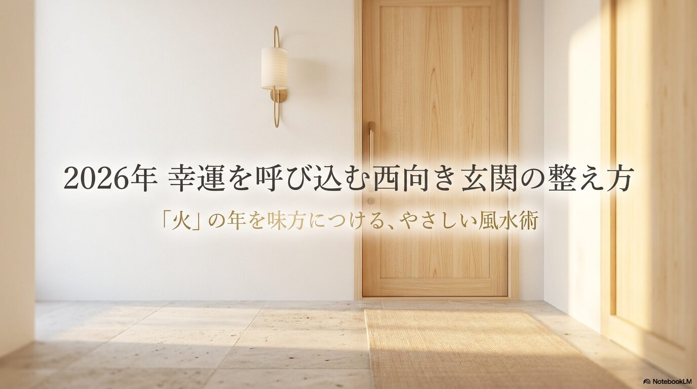 「2026年 幸運を呼び込む西向き玄関の整え方。『火』の年を味方につける、やさしい風水術」というタイトルが書かれたスライド表紙