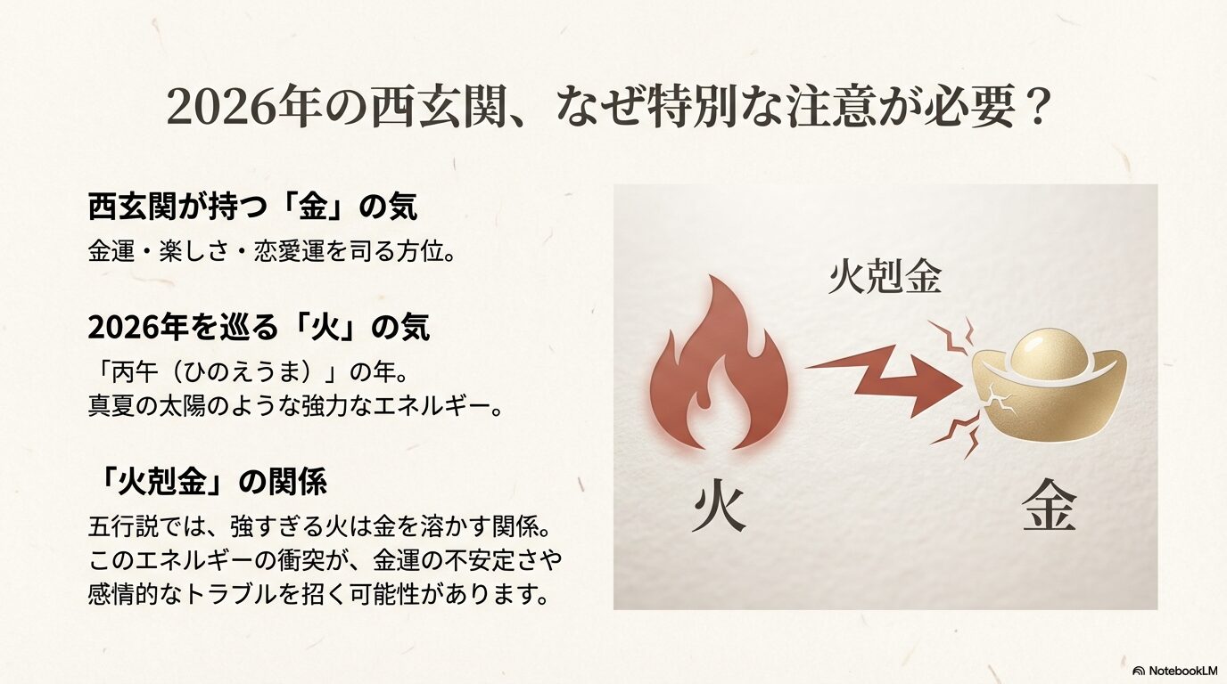 2026年の火の気と西玄関の金の気 代替テキスト: 2026年の「丙午（ひのえうま）」の火の気と、西玄関の金の気が「火剋金」の関係にあり、金運が不安定になりやすいことを解説した図
