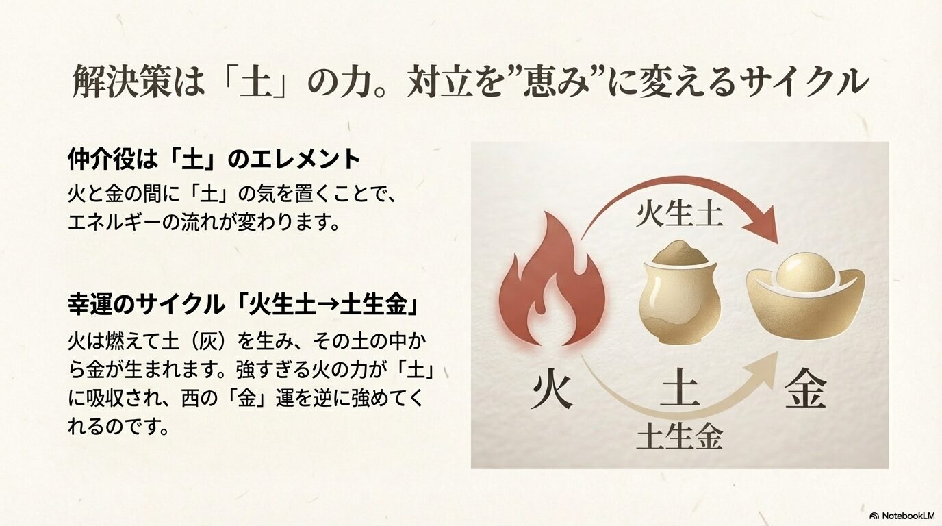 火と金の仲介役となる土のエネルギー 代替テキスト: 火の気を土が吸収し、その土が金を育てる「火生土→土生金」のサイクルを図解したイラスト。中央に土の壺、左に火、右に金の塊が描かれている