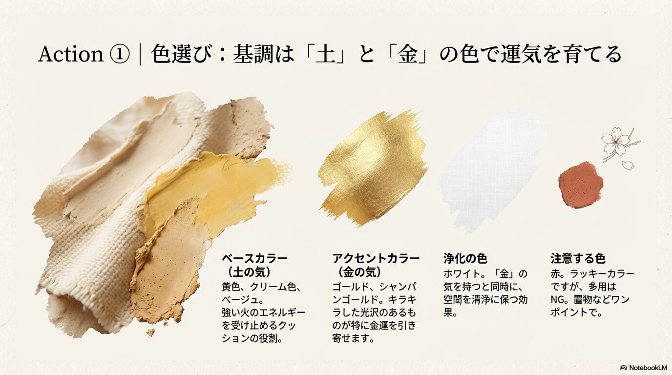 2026年西玄関におすすめのラッキーカラー 代替テキスト: 西玄関のベースカラーとして黄色・ベージュ（土の気）、アクセントにゴールド（金の気）、浄化にホワイトを推奨し、赤の多用に注意を促すスライド