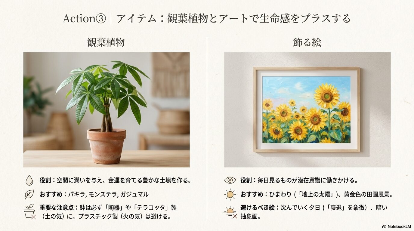 パキラの鉢植えの写真。パキラやモンステラなどの観葉植物を陶器の鉢で置くことや、ひまわりの絵を飾ることの推奨内容が記載されたスライド