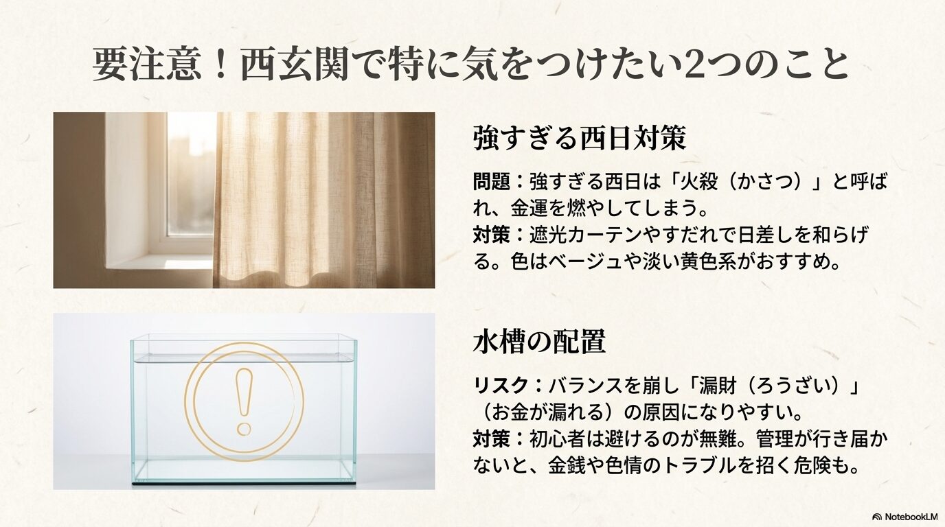 注意マークとともに、西日（火殺）への遮光対策と、水槽設置による漏財のリスクについて警告しているスライド