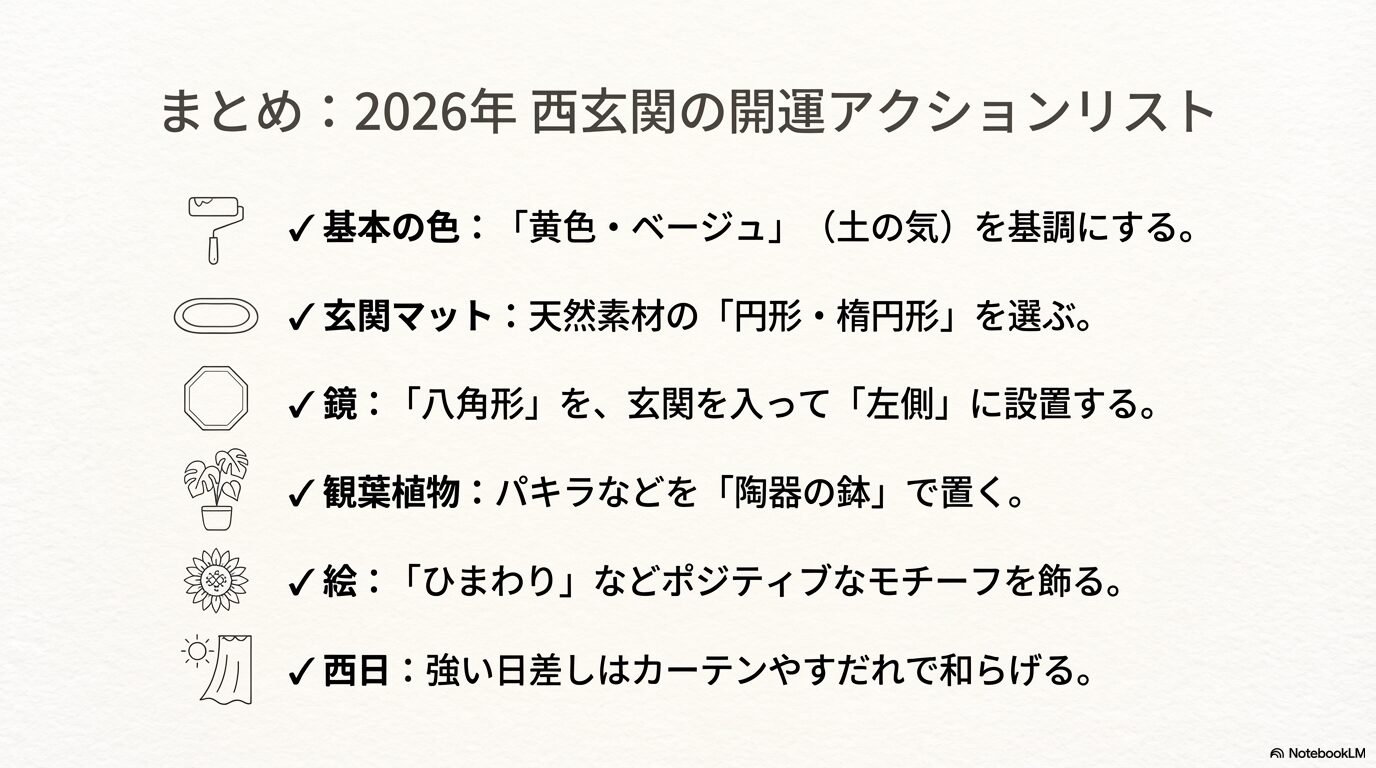 色、マット、鏡、植物、絵、西日対策といった、2026年の西玄関で行うべき風水アクションを箇条書きでまとめたチェックリスト
