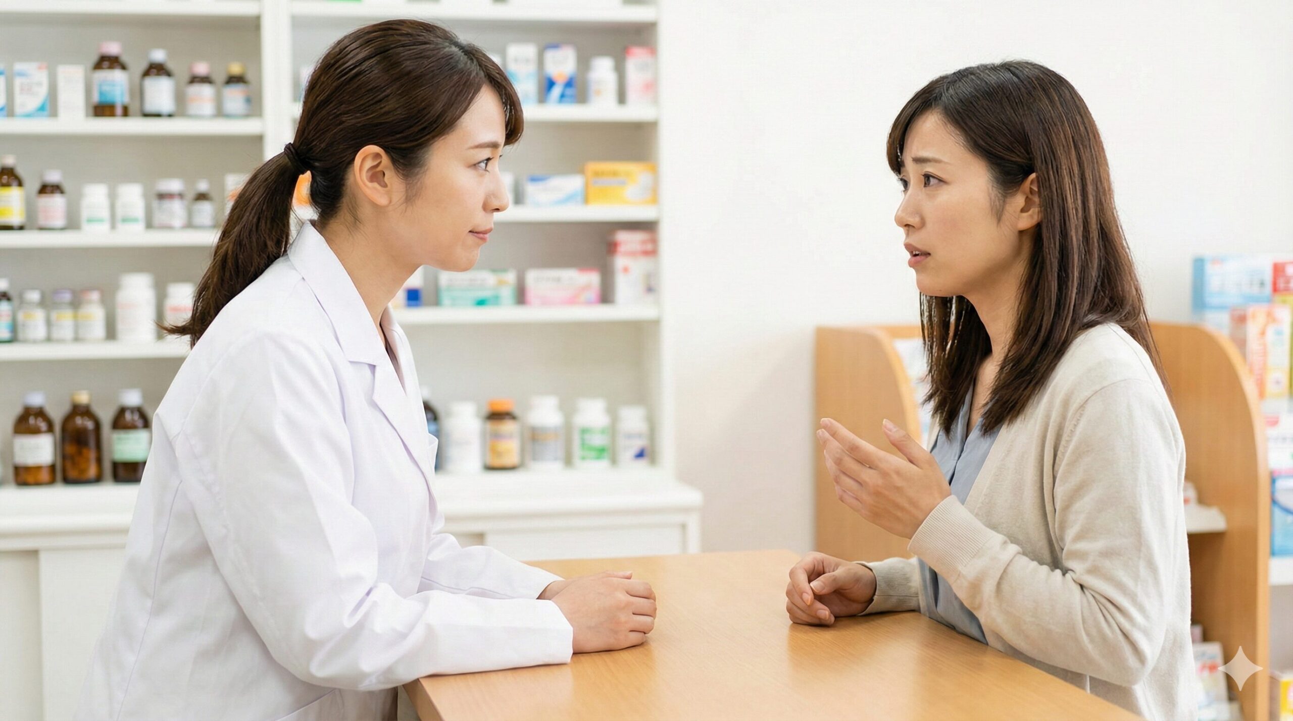 薬局のカウンターで、女性薬剤師が不安そうな患者の相談に親身になって耳を傾けている様子。