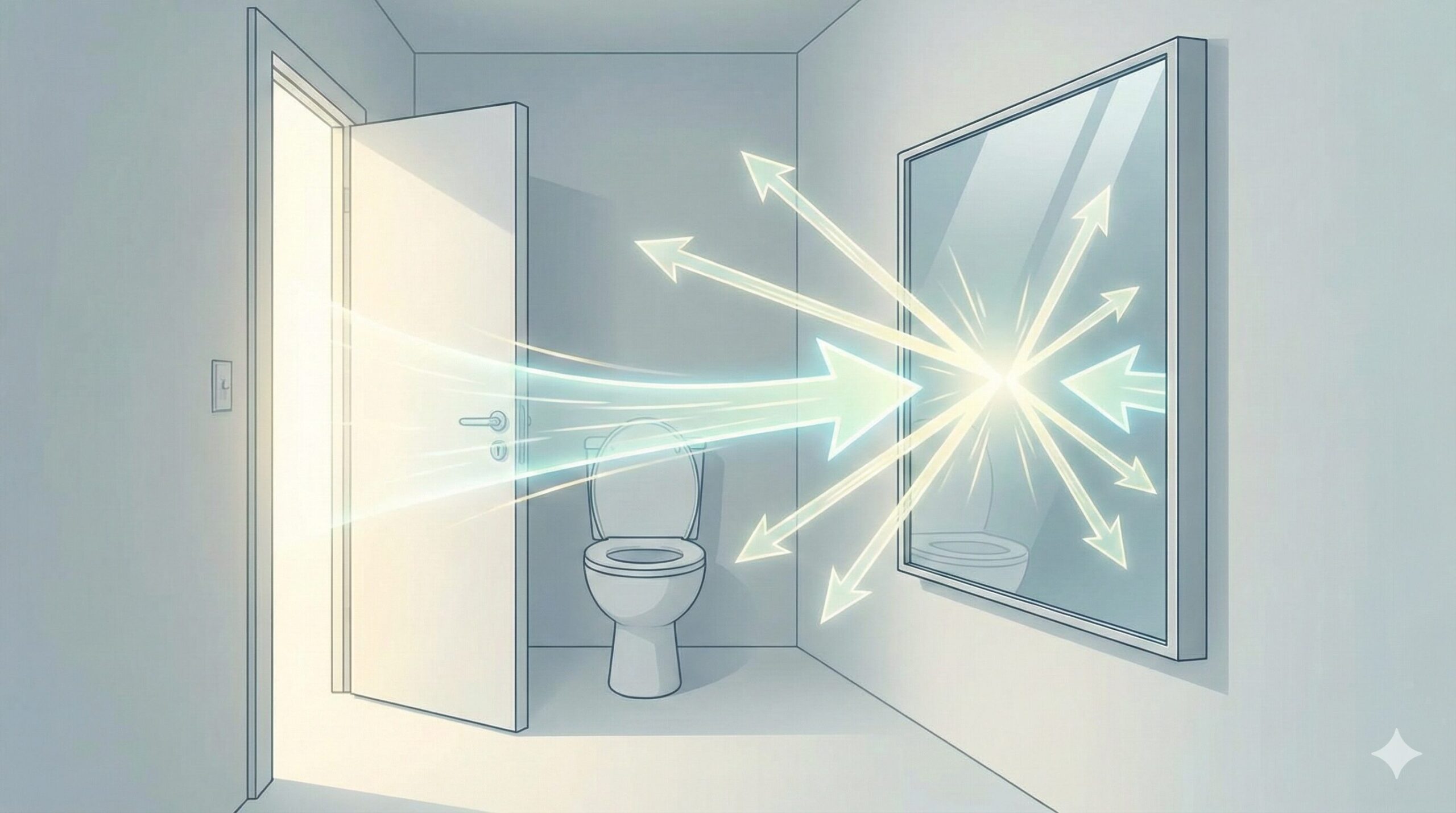トイレのドアを開けた正面にある鏡が、入ってきた気のエネルギーを跳ね返してしまっている風水の概念図。
