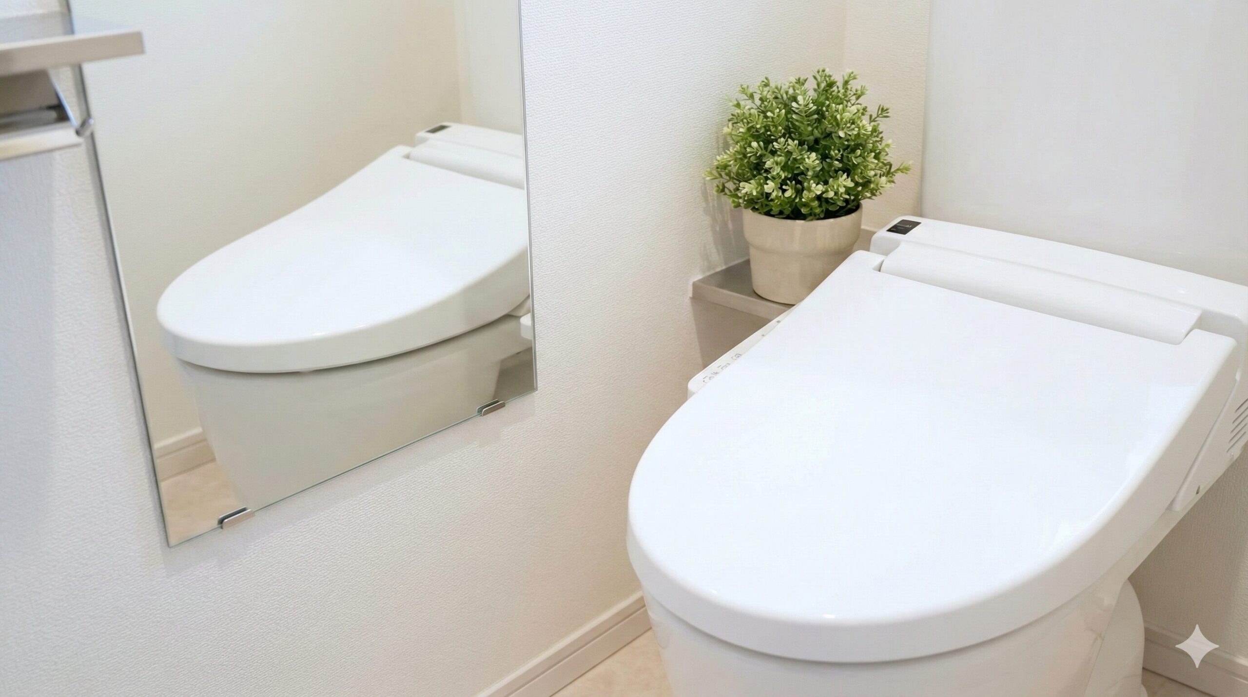 鏡に便座が映り込んでいるが、蓋がしっかりと閉められており、清潔で整ったトイレの様子。