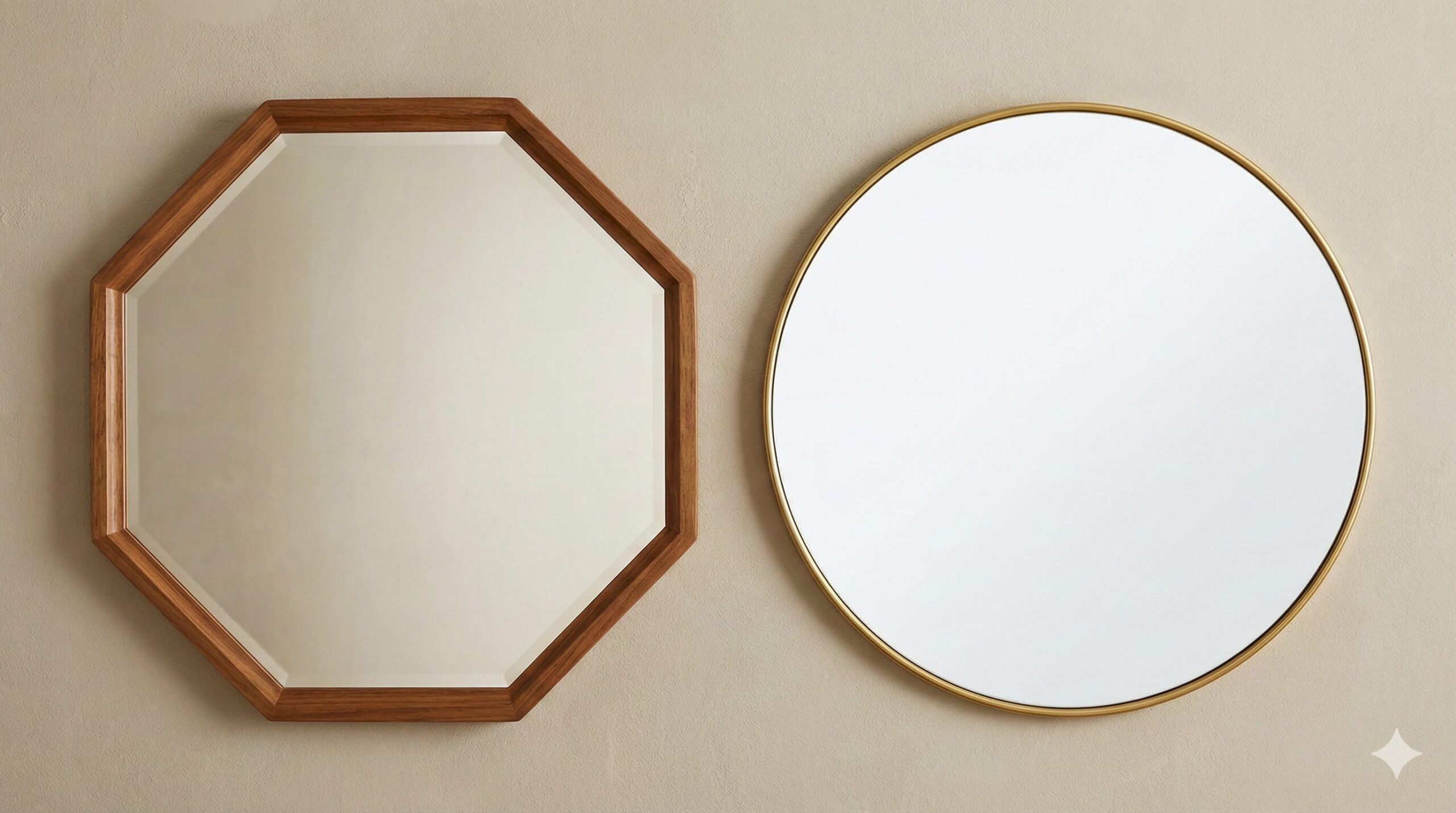 風水でおすすめとされる、木製フレームの八角形の鏡と、シンプルな丸型の鏡が並んで飾られている様子。
