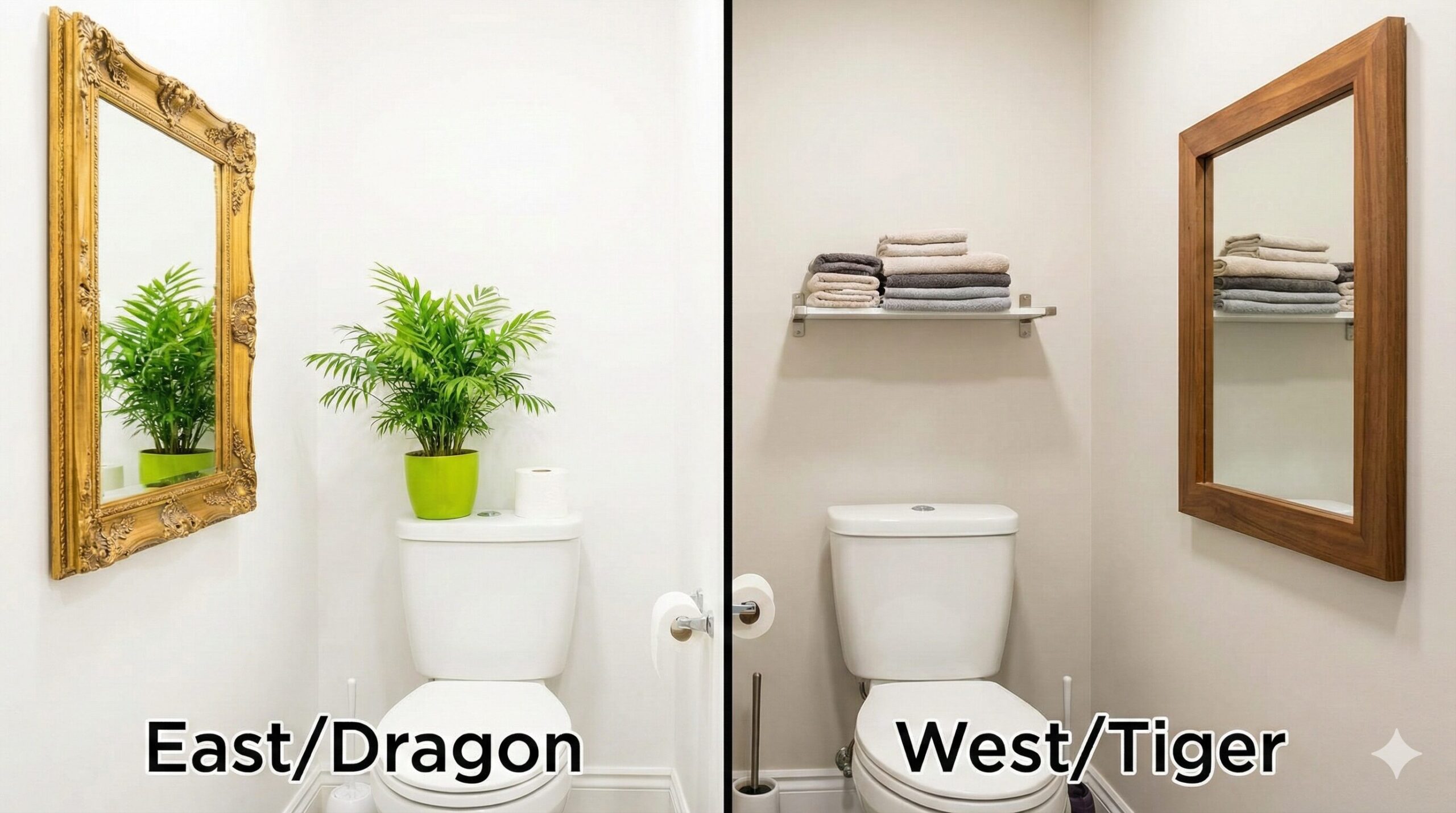 トイレに入って左側の壁に華やかな鏡を配置した様子（青龍・発展）と、右側の壁に落ち着いた鏡を配置した様子（白虎・安定）の対比イメージ。
