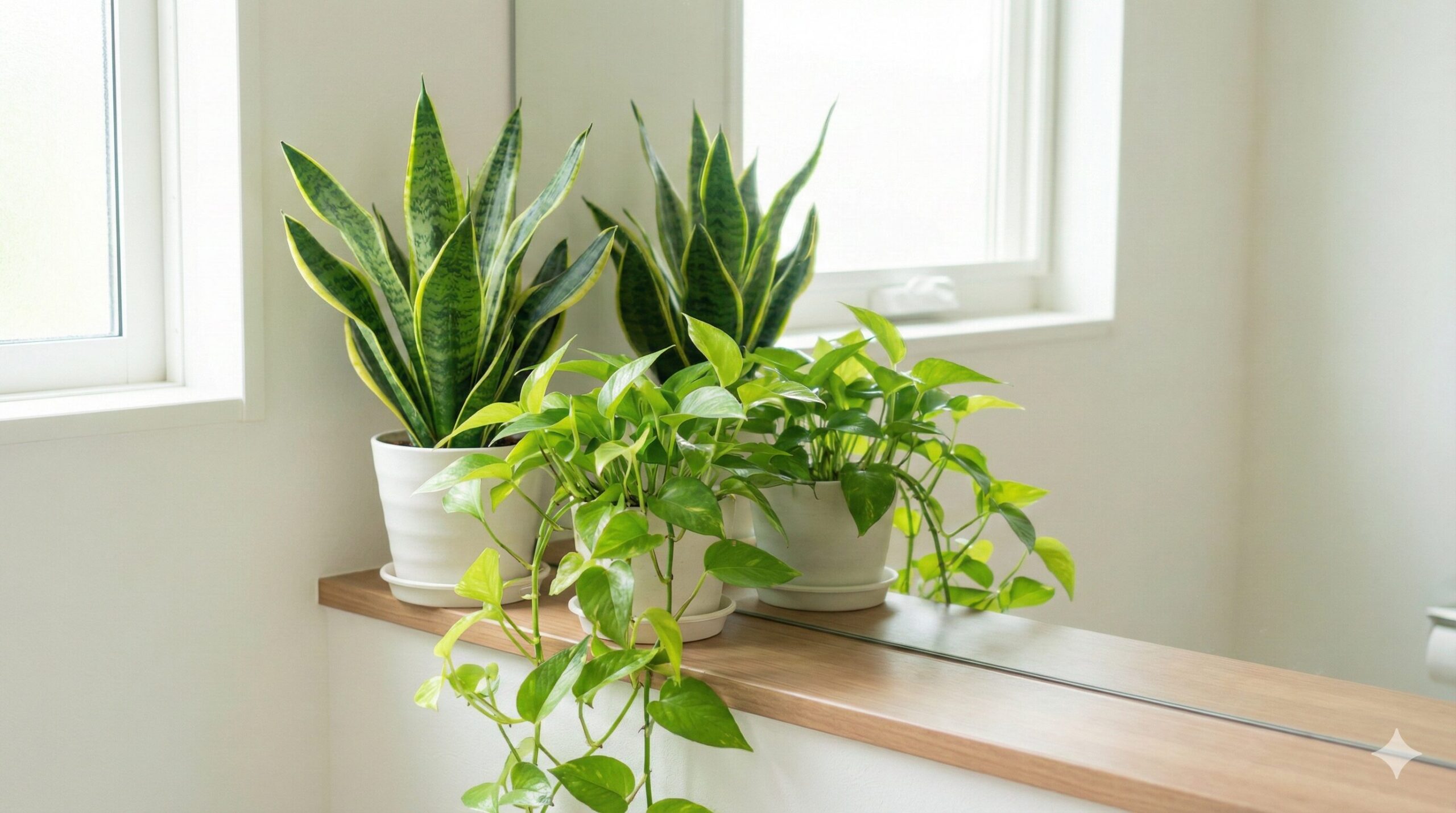 トイレの鏡の前にサンスベリアとポトスの観葉植物が置かれ、鏡に生き生きとした緑が映り込んでいる浄化のイメージ。