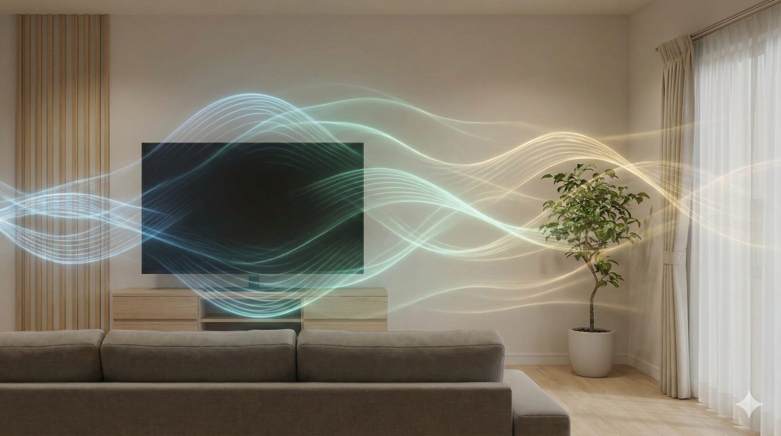 リビングルームのテレビから発せられる目に見えない「気」やエネルギーの波紋が、空間や観葉植物に影響を与えている様子を抽象的に可視化したイメージ図。