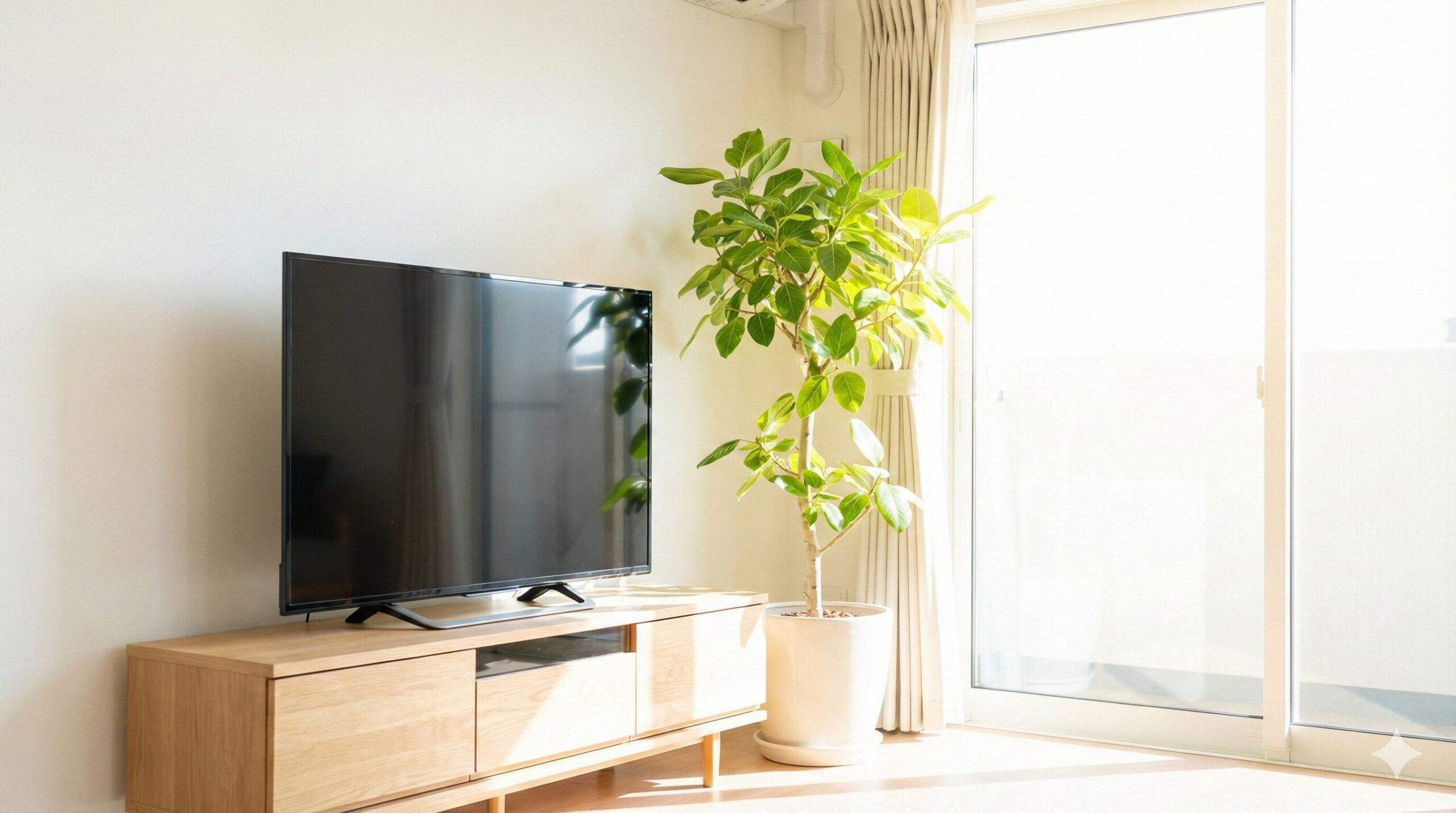 東向きの大きな窓から明るい朝日が差し込むリビングで、東側の壁に配置されたテレビと、その横で生き生きと育つ背の高い観葉植物（フィカス）。発展と成長の気を象徴する理想的な配置。