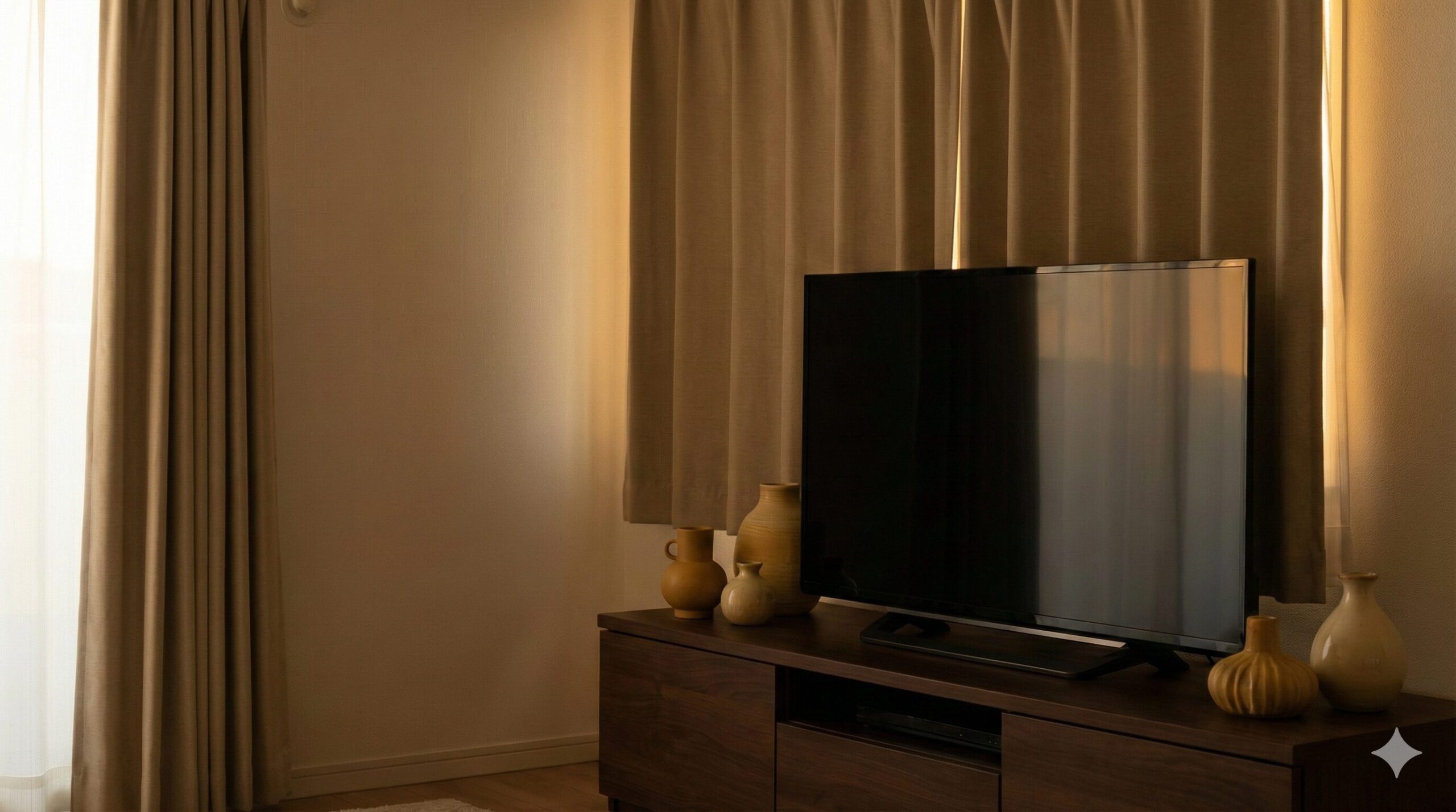 西日を遮る厚手のベージュの遮光カーテンと、テレビ台の上に置かれた土の気を持つ陶器の花瓶や雑貨。西の方位にあるテレビの悪影響を抑えるための風水対策が施された落ち着いた空間。