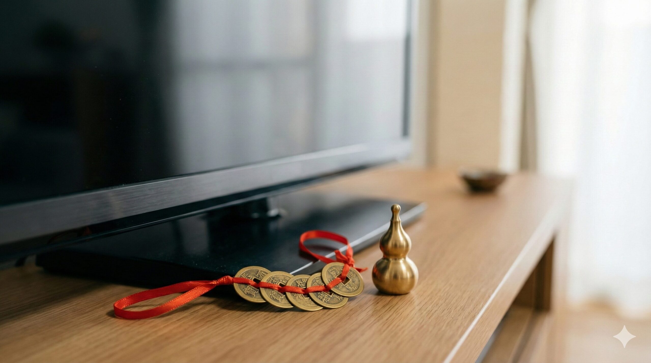 テレビの横に置かれた、風水の化殺（かさつ）アイテムである真鍮製の六帝古銭（ろくていこせん）と金属製のひょうたん。凶方位の悪い気を無力化するための専門的な対策のクローズアップ写真