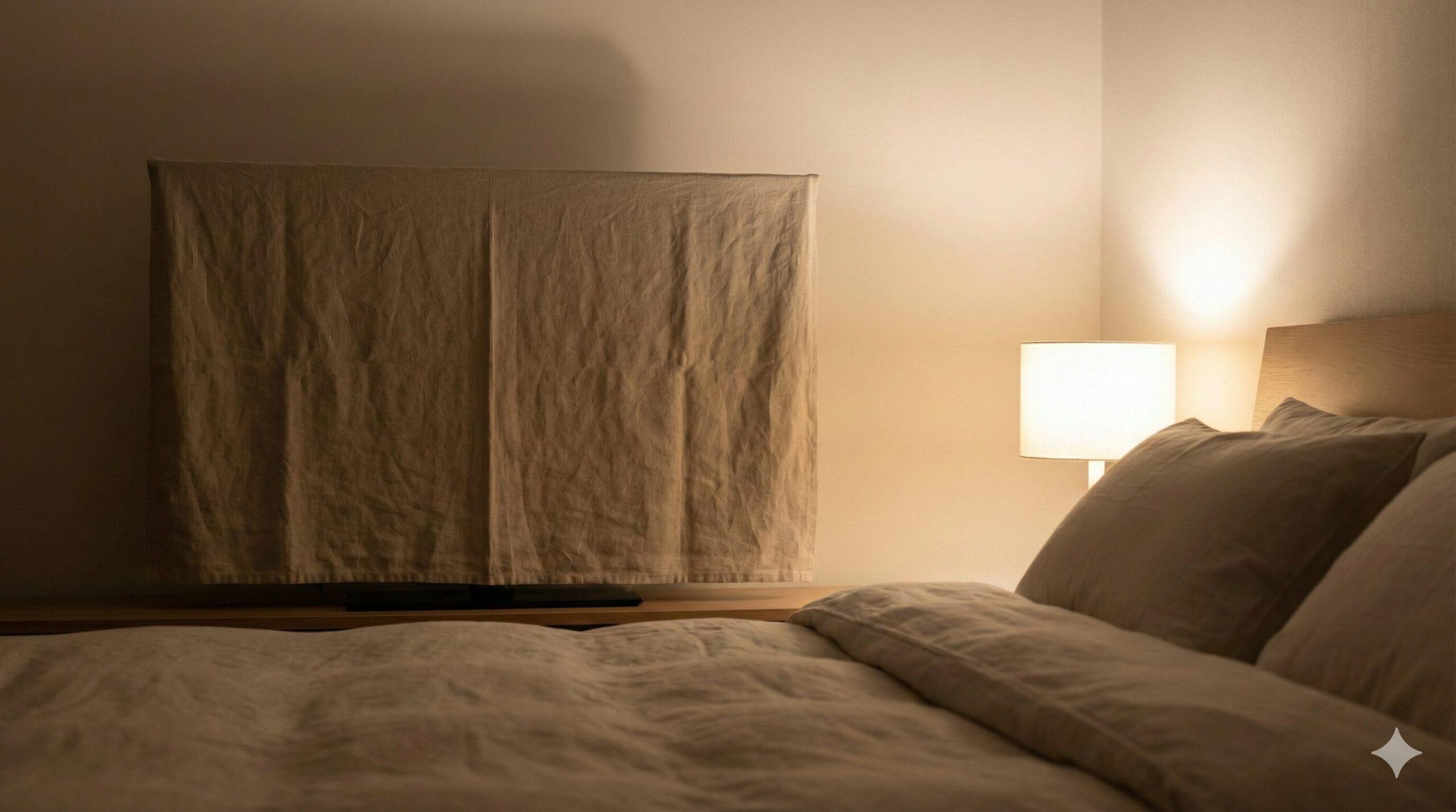 就寝中の鏡効果を防ぐため、リネン素材の落ち着いたベージュ色の布カバーがかけられた寝室のテレビ。温かい間接照明に包まれた、安眠を妨げないリラックスした環境。