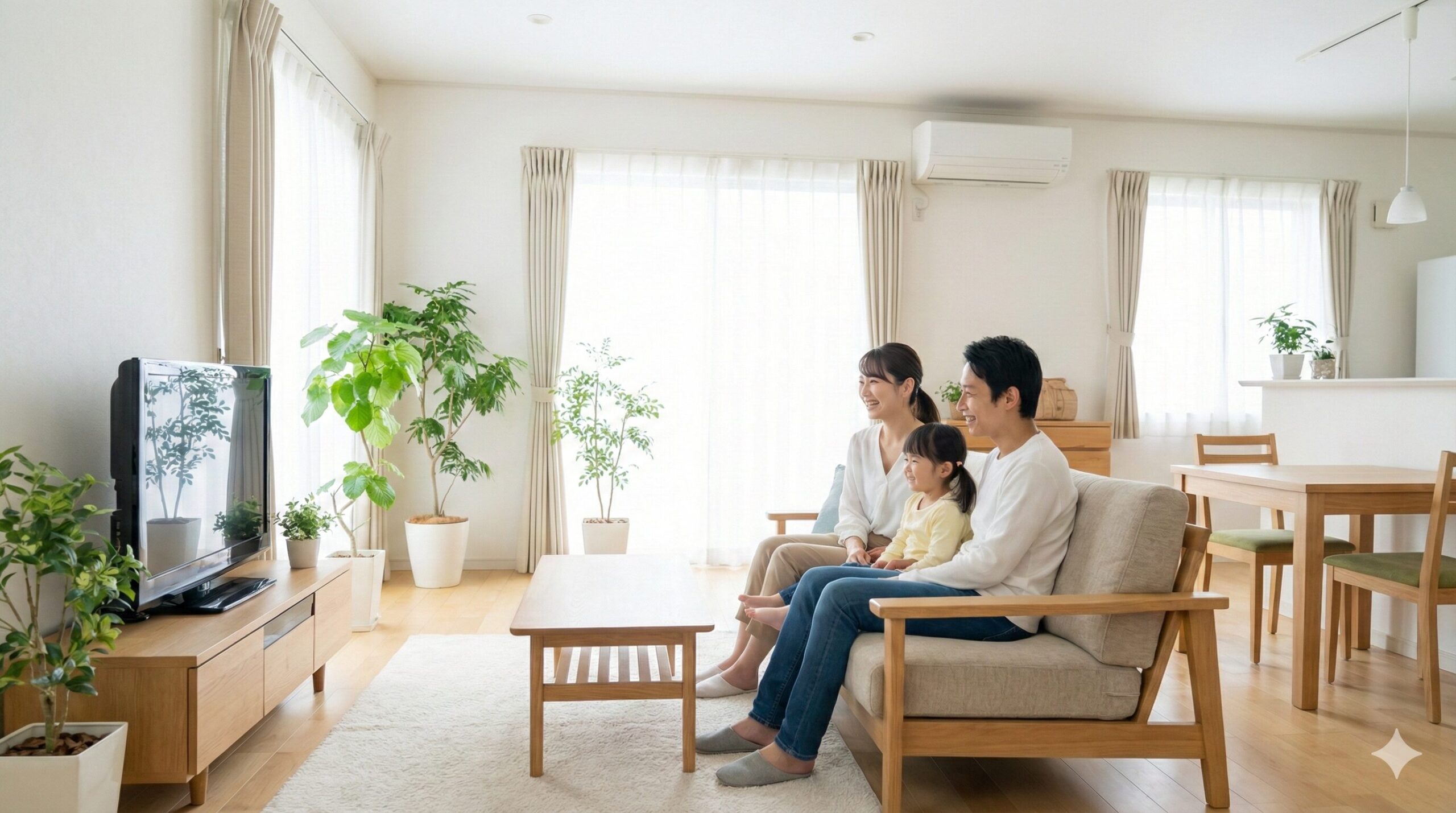 風水に基づいて整えられた、明るく清潔で観葉植物が多いリビングルームで、ソファに座って笑顔でテレビを見ている日本人家族（夫婦と子供）の様子。運気がアップした理想的な家族の団らん風景