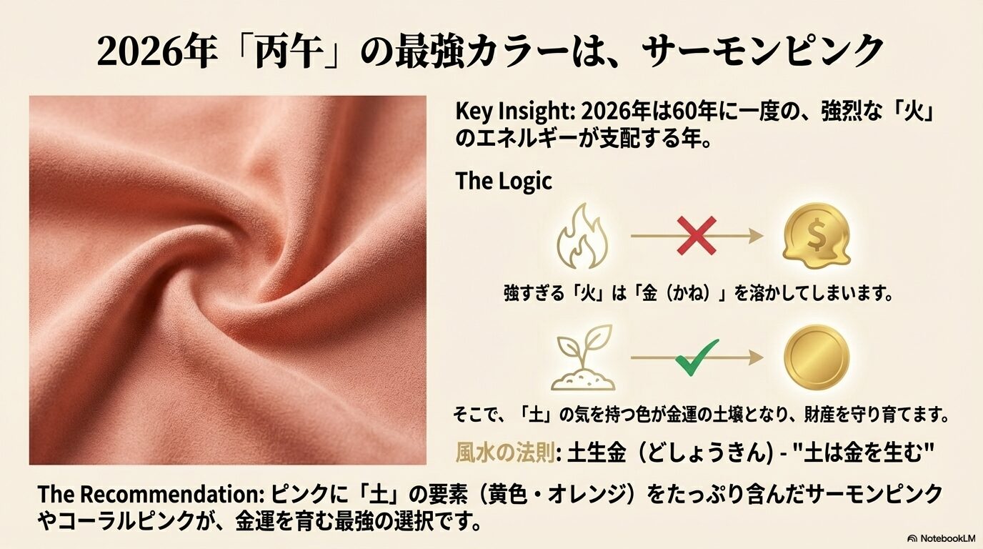 火の気が強い2026年に、土の気を持つサーモンピンクが金運を守り育てる「土生金」の法則を示した図