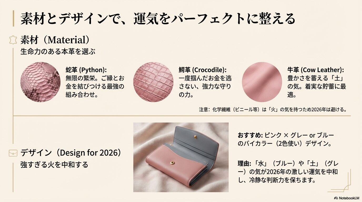 蛇革や鰐革などの本革素材の効果と、火の気を中和するピンク×グレーなどのバイカラー配色の解説
