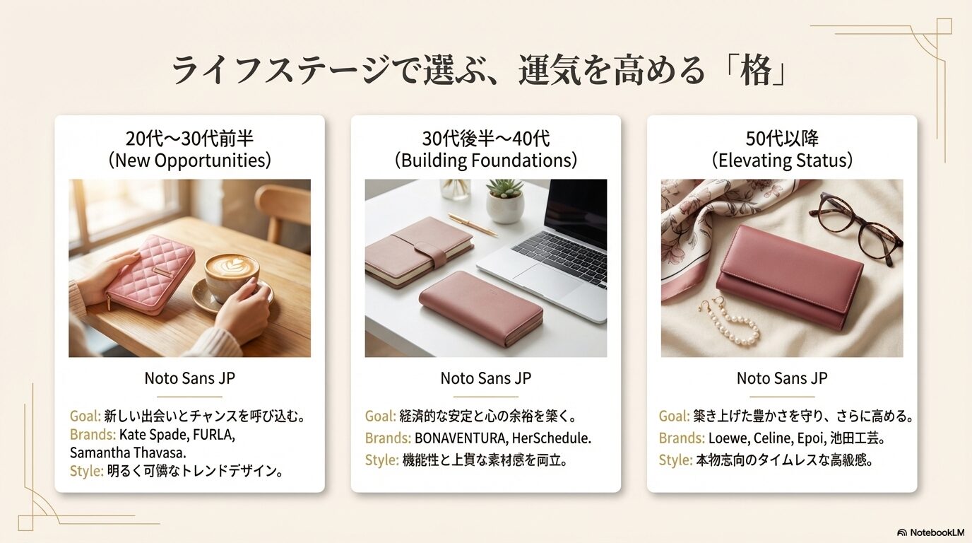 20代から50代までの年代別に、風水的な目標とおすすめのブランド・スタイルをまとめた一覧表