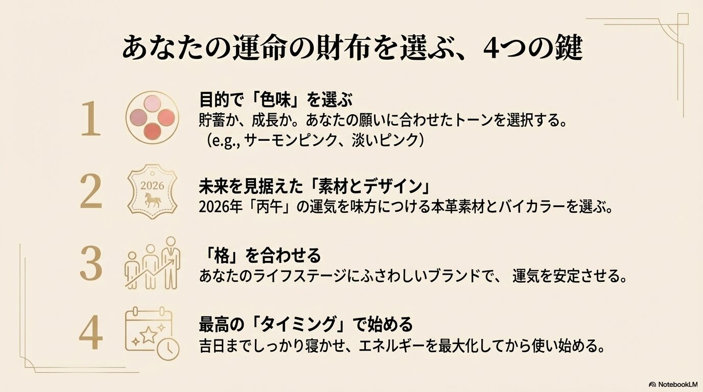 色味、素材・デザイン、格、タイミングの4つの視点で選ぶ、風水ピンク財布の選び方まとめ