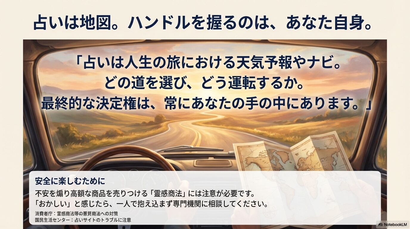 「占いは地図、運転するのは自分」というメッセージと、霊感商法などのトラブルに対する消費者庁・国民生活センターへの相談を促す注意喚起スライド。