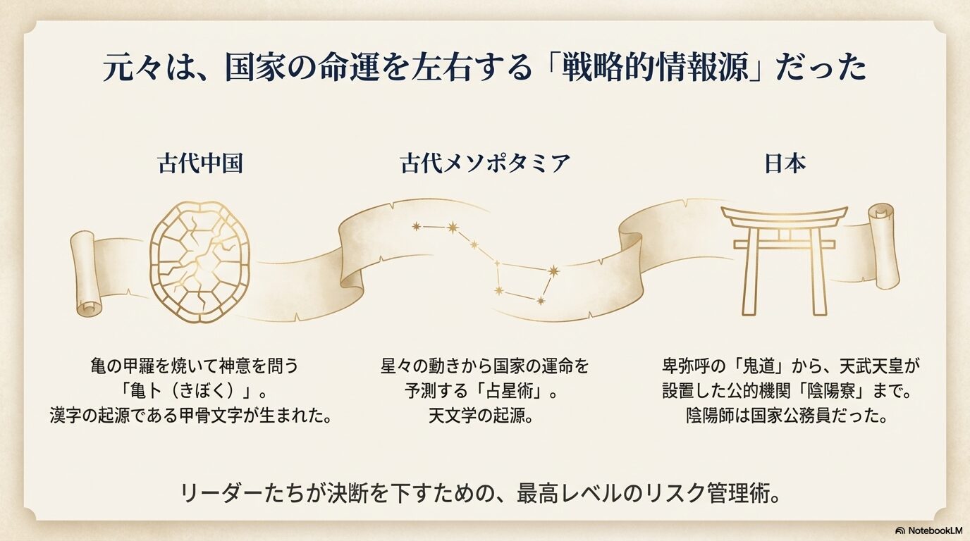 古代中国の亀卜、メソポタミアの占星術、日本の神社や陰陽寮など、国家戦略として機能してきた占いの歴史的変遷のイラスト。