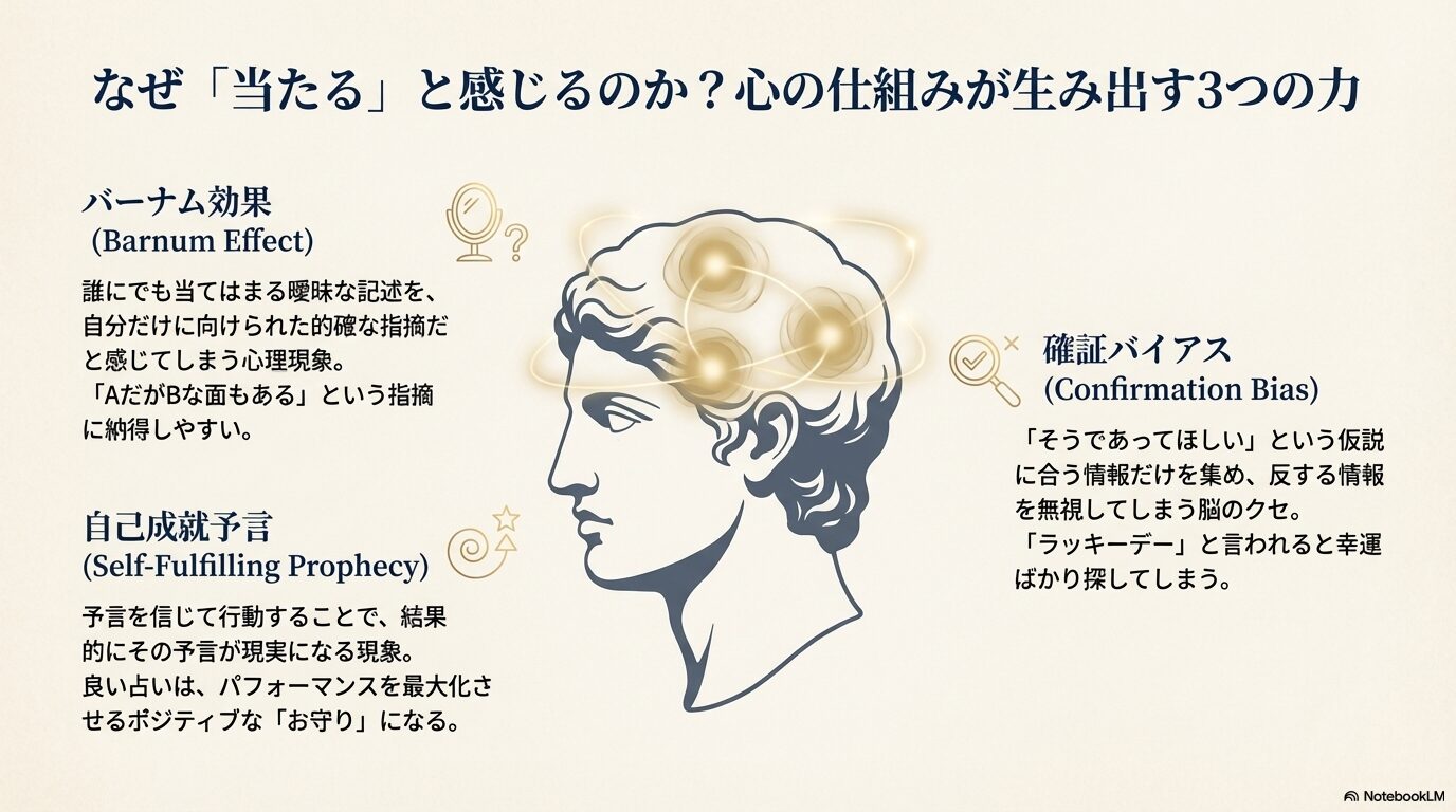 占いが当たると感じる心理メカニズムの図解。バーナム効果（誰にでも当てはまる）、自己成就予言（信じて行動し実現する）、確証バイアス（合う情報だけ集める）の3点を解説。