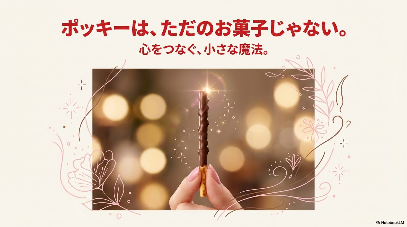 輝くポッキーを持つ手と「心をつなぐ、小さな魔法」というキャッチコピーが描かれたイメージ画像