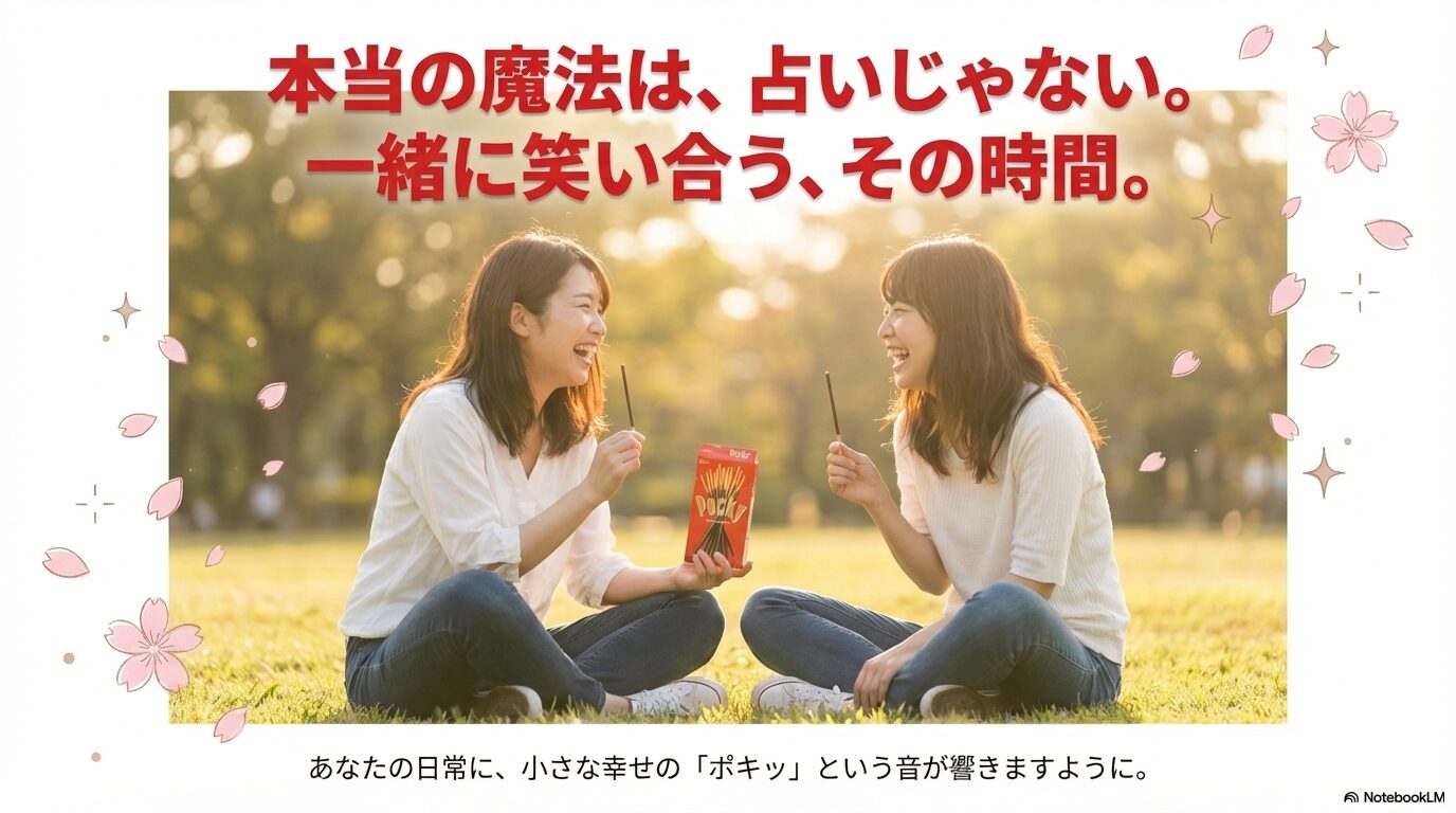 公園でポッキーを食べながら楽しそうに笑い合っている二人の女性の写真。「本当の魔法は、占いじゃない」というメッセージ