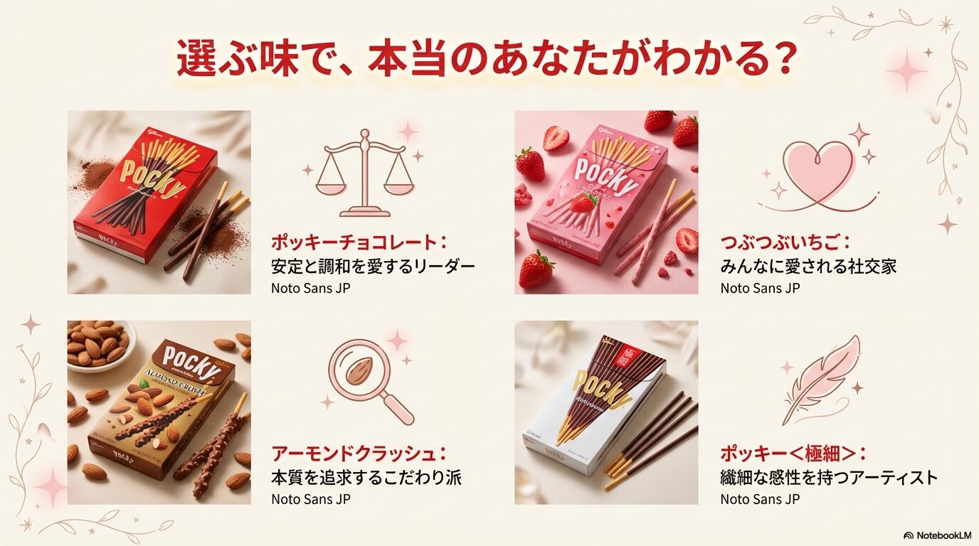 ポッキーチョコレート、つぶつぶいちご、アーモンドクラッシュなどのパッケージと、性格を量る天秤のイラスト
