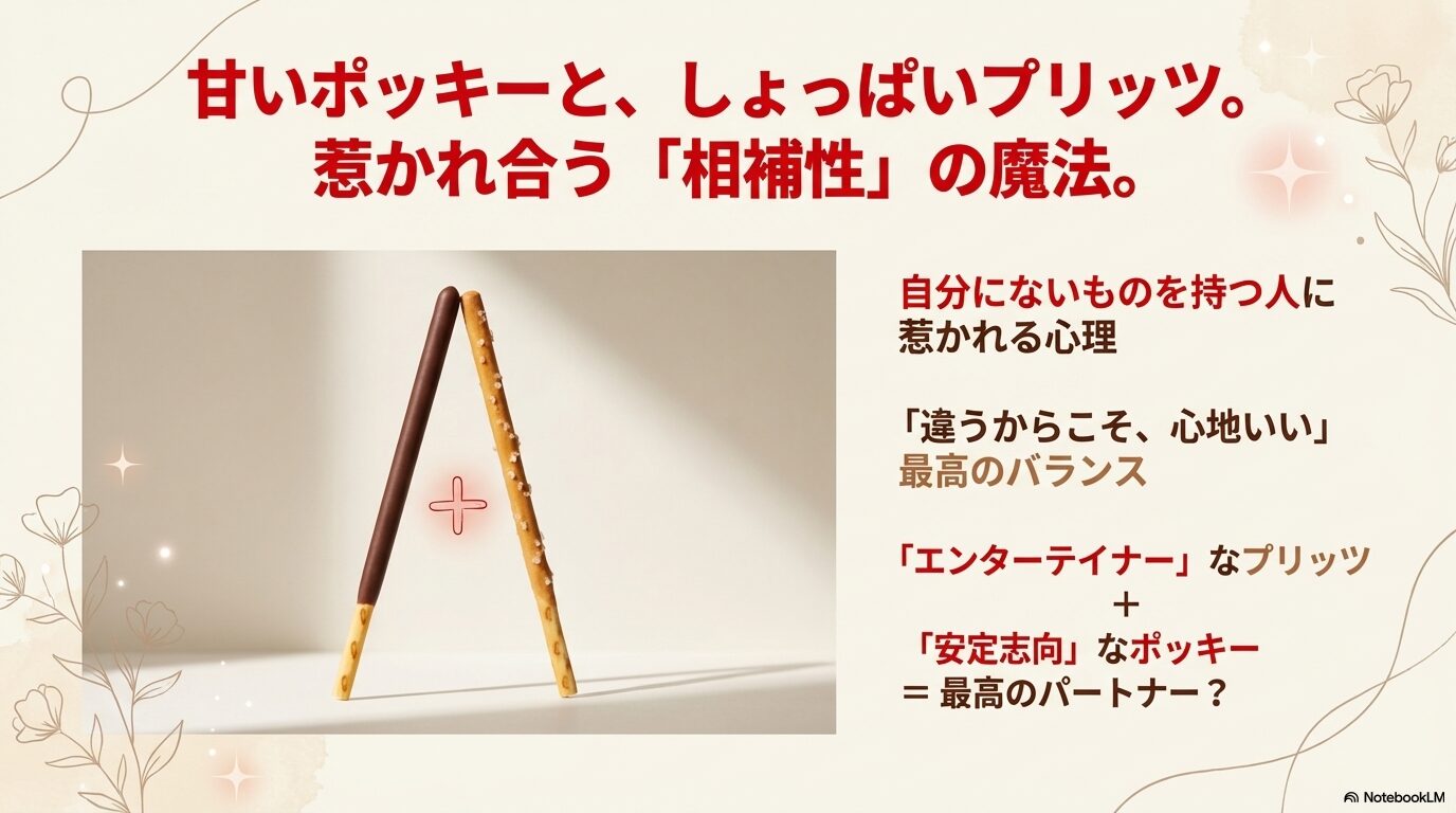 甘いポッキーと塩っぱいプリッツが天秤で釣り合っている様子。「惹かれ合う相補性の魔法」という図解