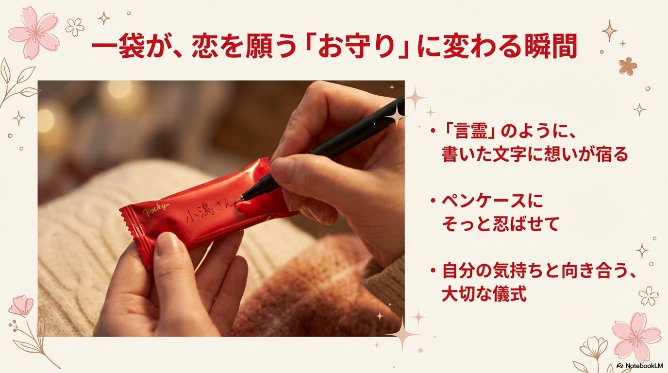 ポッキーの小袋に羽ペンで名前を書いているイラスト。「言霊のように書いた文字に想いが宿る」というメッセージ