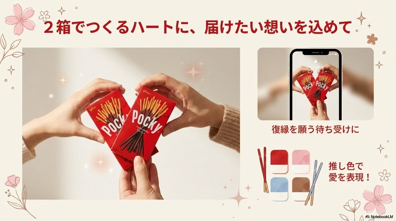 2つのポッキーの箱を組み合わせて「I Love」のハートマークを作っている様子と、推し色で愛を表現するイメージ
