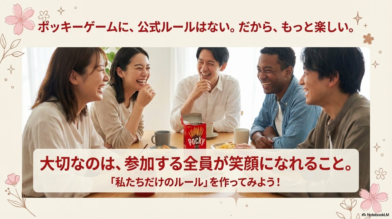 「ポッキーゲームに、公式ルールはない」というテキストと、参加者全員が笑顔になることの大切さを伝えるメッセージ
