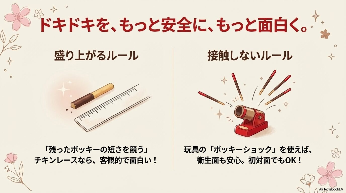 ポッキーの残りの長さを測る定規のイラストと、黒ひげ危機一発のような玩具「ポッキーショック」のイラスト