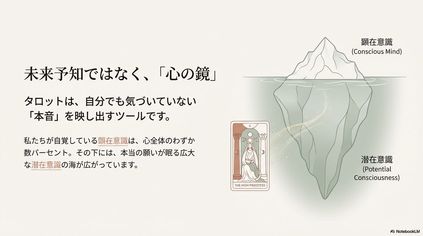 海に浮かぶ氷山のイラスト。水面上の顕在意識はわずかで、水面下の潜在意識が大部分を占めている様子を示した図。THE HIGH PRIESTESSのカード添え。
