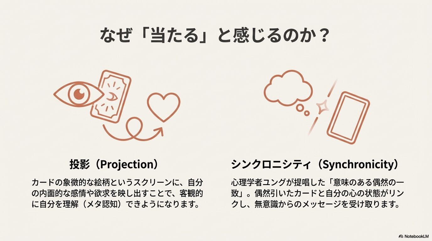 目とハートとタロットカードのイラスト図解。自分の内面がカードに投影され、シンクロニシティによってメッセージを受け取るプロセス。