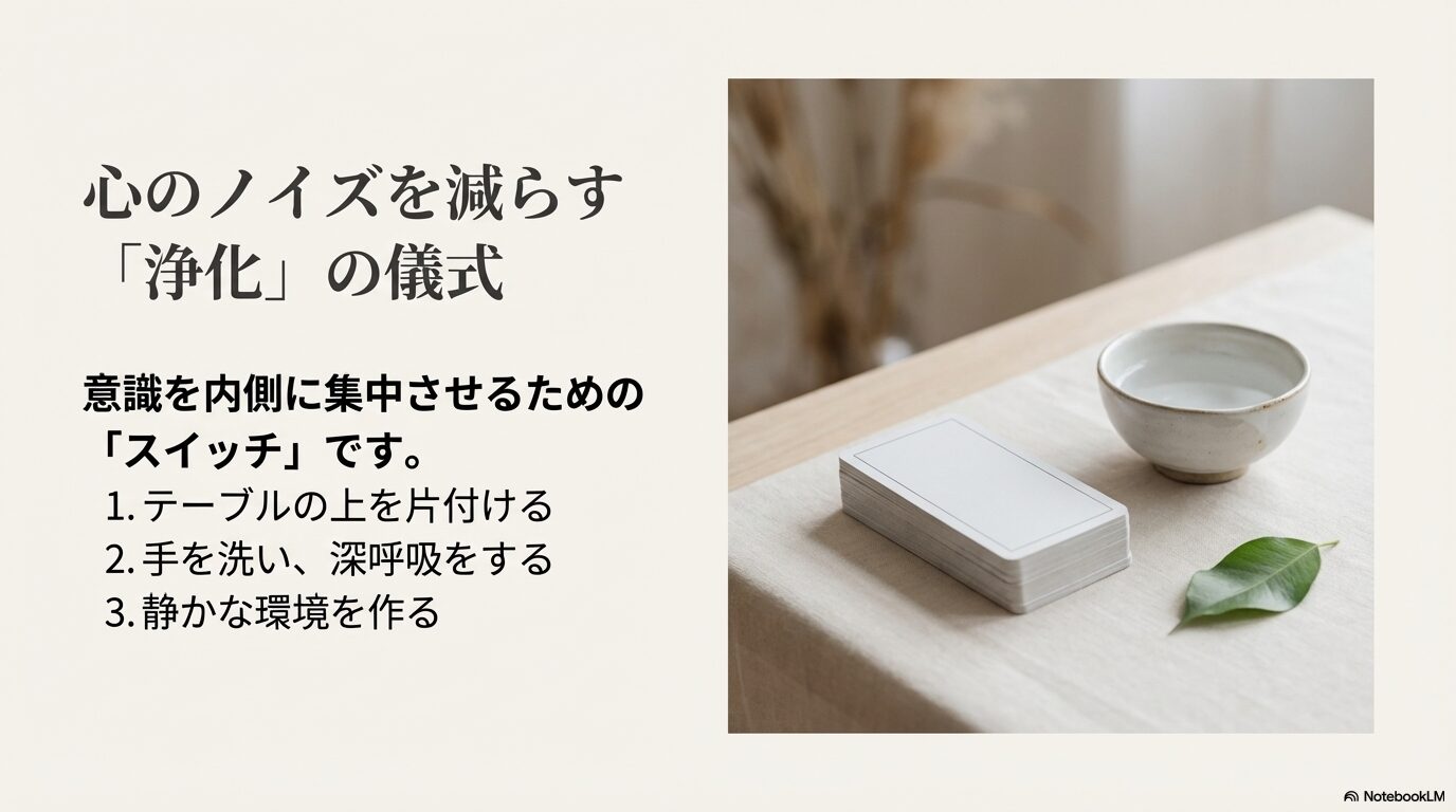 心のノイズを減らす浄化の儀式。1.テーブルの片付け、2.手洗いと深呼吸、3.静かな環境作りを示すイラスト。