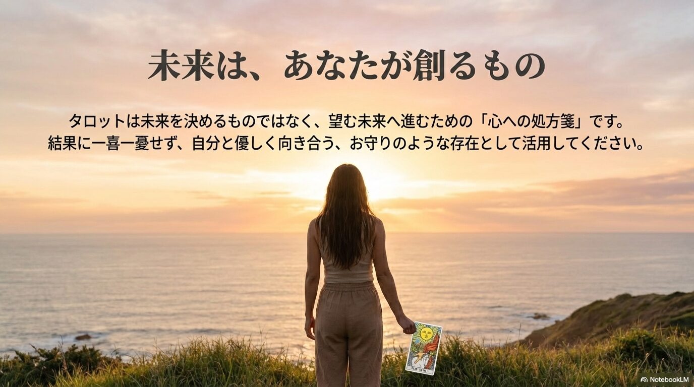穏やかな雰囲気の背景に「未来は、あなたが創るもの」というメッセージ。タロットは心への処方箋であるという結論のスライド。