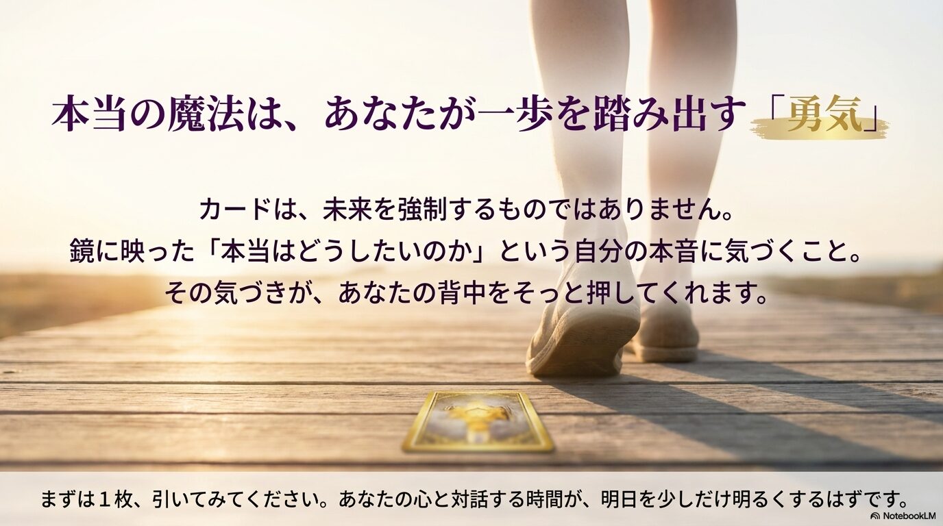 優しい光のイメージ背景に、カードは未来を強制するものではなく、本音に気づくためのツールであるというメッセージが書かれたスライド。