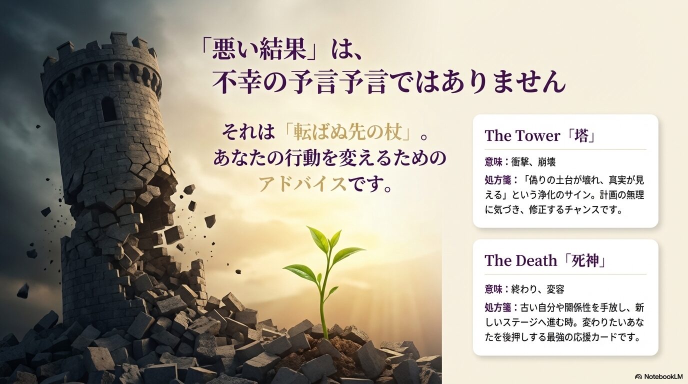 タロットカードの「塔（The Tower）」と「死神（The Death）」のイラスト。それぞれが崩壊ではなく「浄化」、終わりではなく「変容」であることを示す解説図。